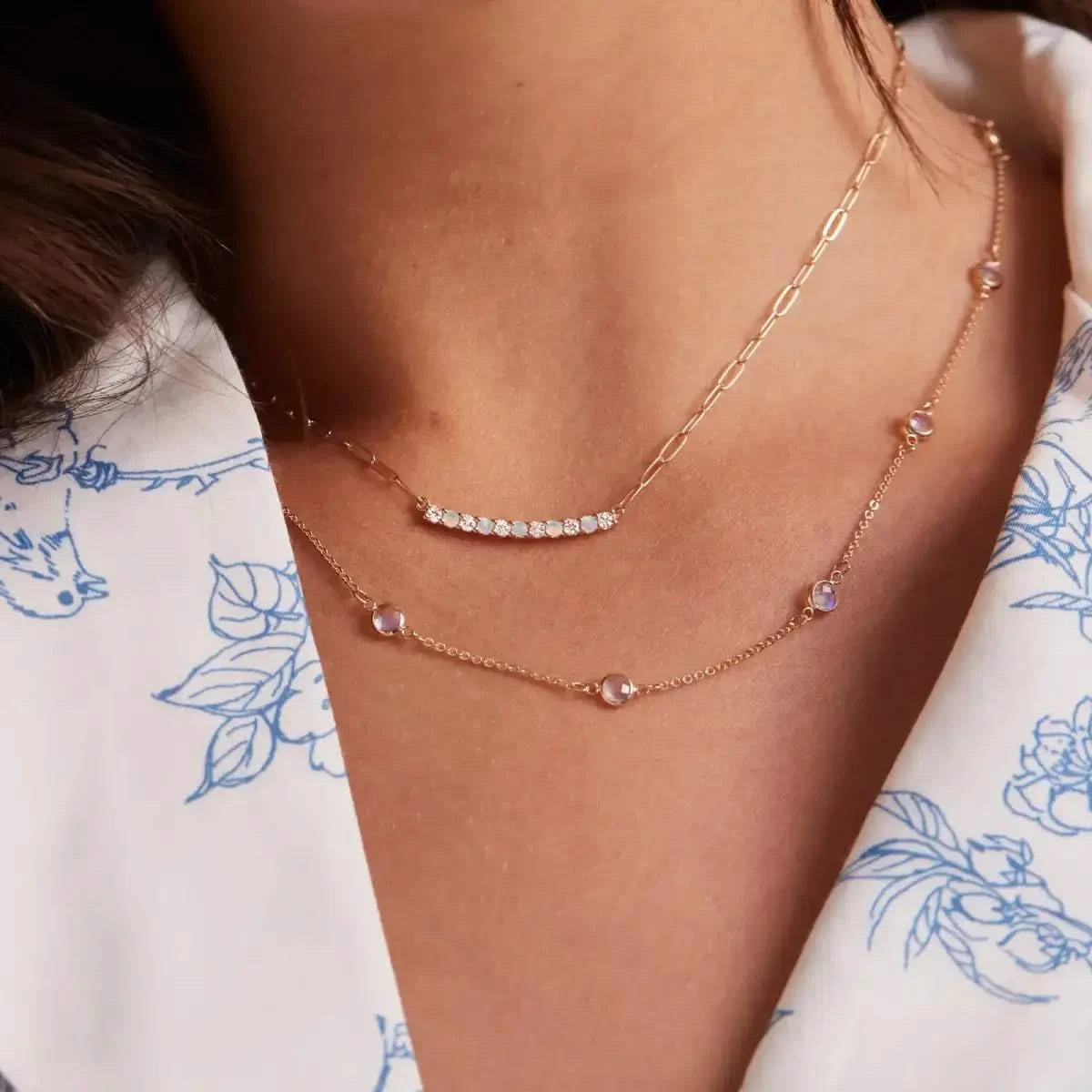 Rosecliff Diamond & Opal Bar Adelaide Mini Necklace in 14k Gold (October)