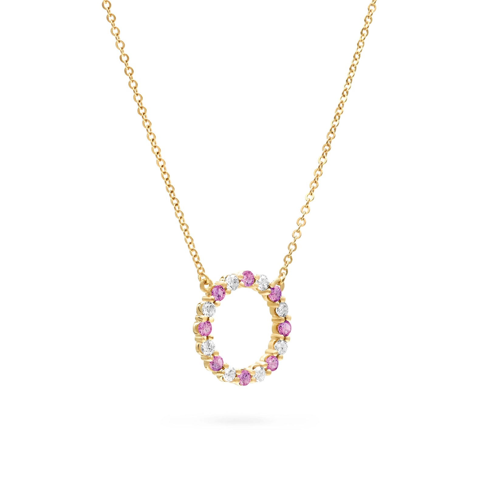 Rosecliff open circle necklace with sixteen alternating 2 mm pink sapphires & diamonds prong set in 14k gold - angled view