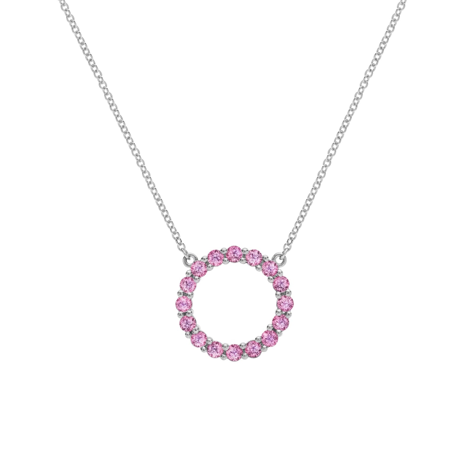 Rosecliff open circle necklace with sixteen 2 mm faceted round cut pink sapphires prong set in 14k white gold