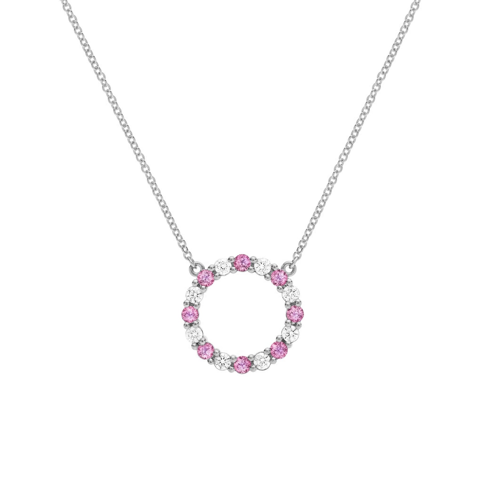Rosecliff open circle necklace with sixteen alternating 2 mm faceted pink sapphires & diamonds prong set in 14k white gold