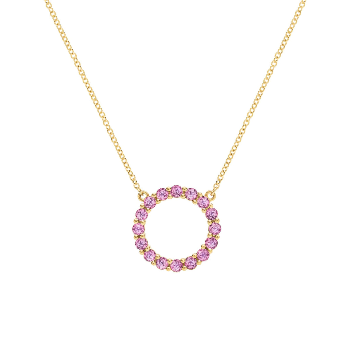 Rosecliff open circle necklace with sixteen 2 mm faceted round cut pink sapphires prong set in 14k yellow gold - front view