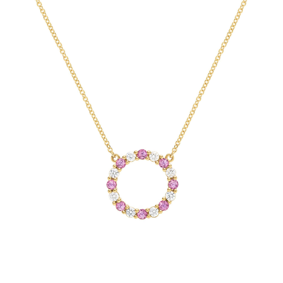 Rosecliff open circle necklace with sixteen alternating 2 mm pink sapphires & diamonds prong set in 14k gold - front view
