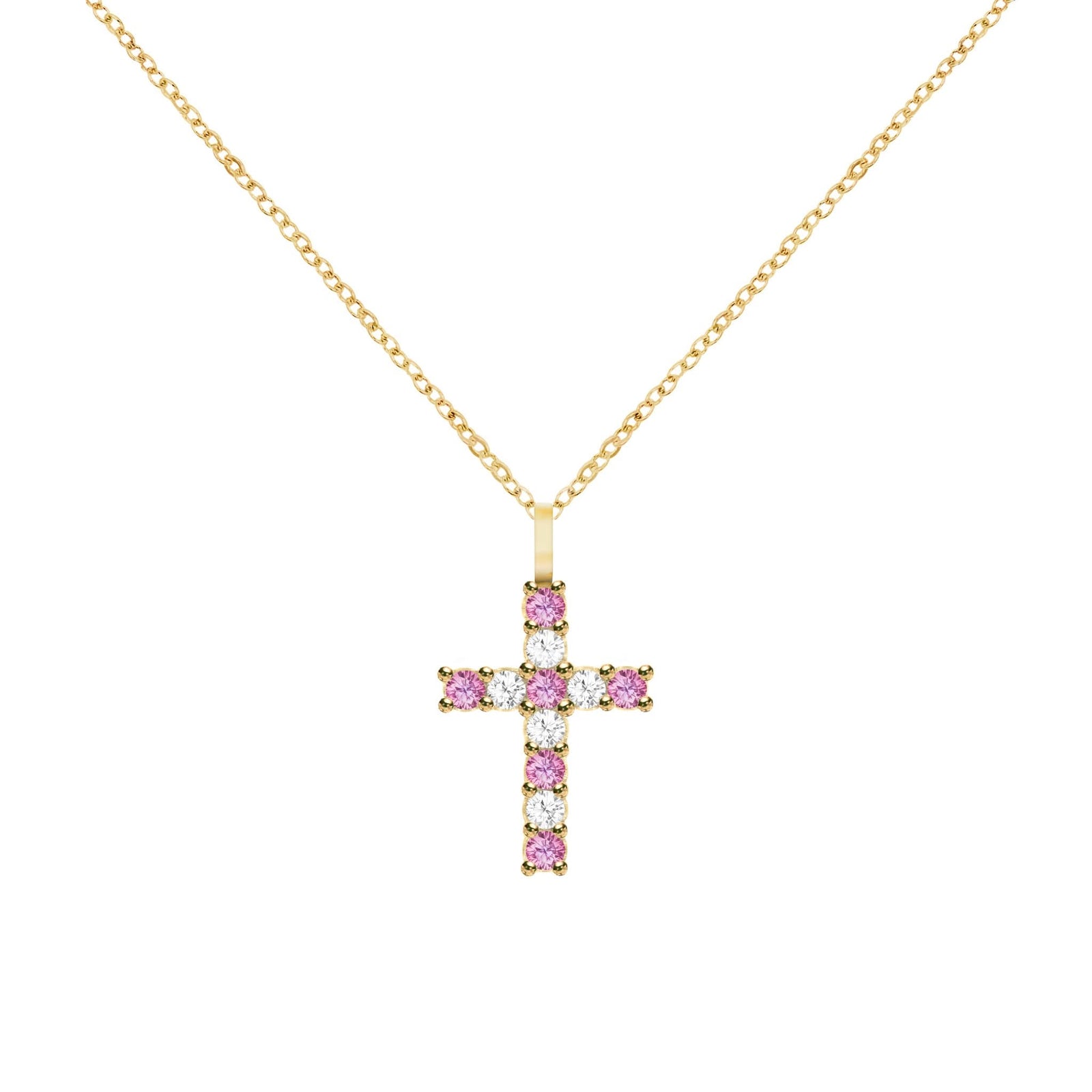 Rosecliff Cross Diamond & Pink Sapphire Pendant in 14k Gold (October)