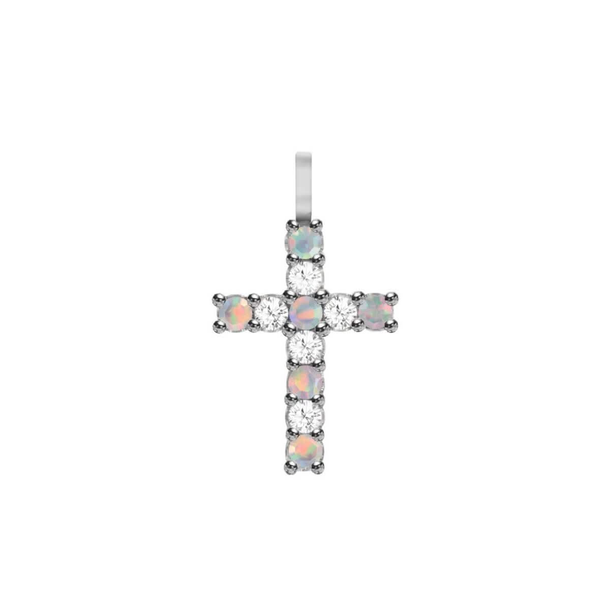 Rosecliff Cross Diamond & Opal Pendant in 14k Gold (October)