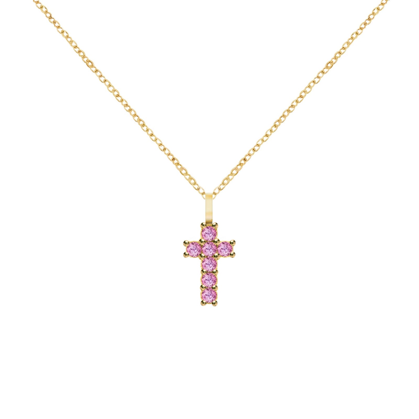 Rosecliff Small Cross Pink Sapphire Pendant in 14k Gold (October)