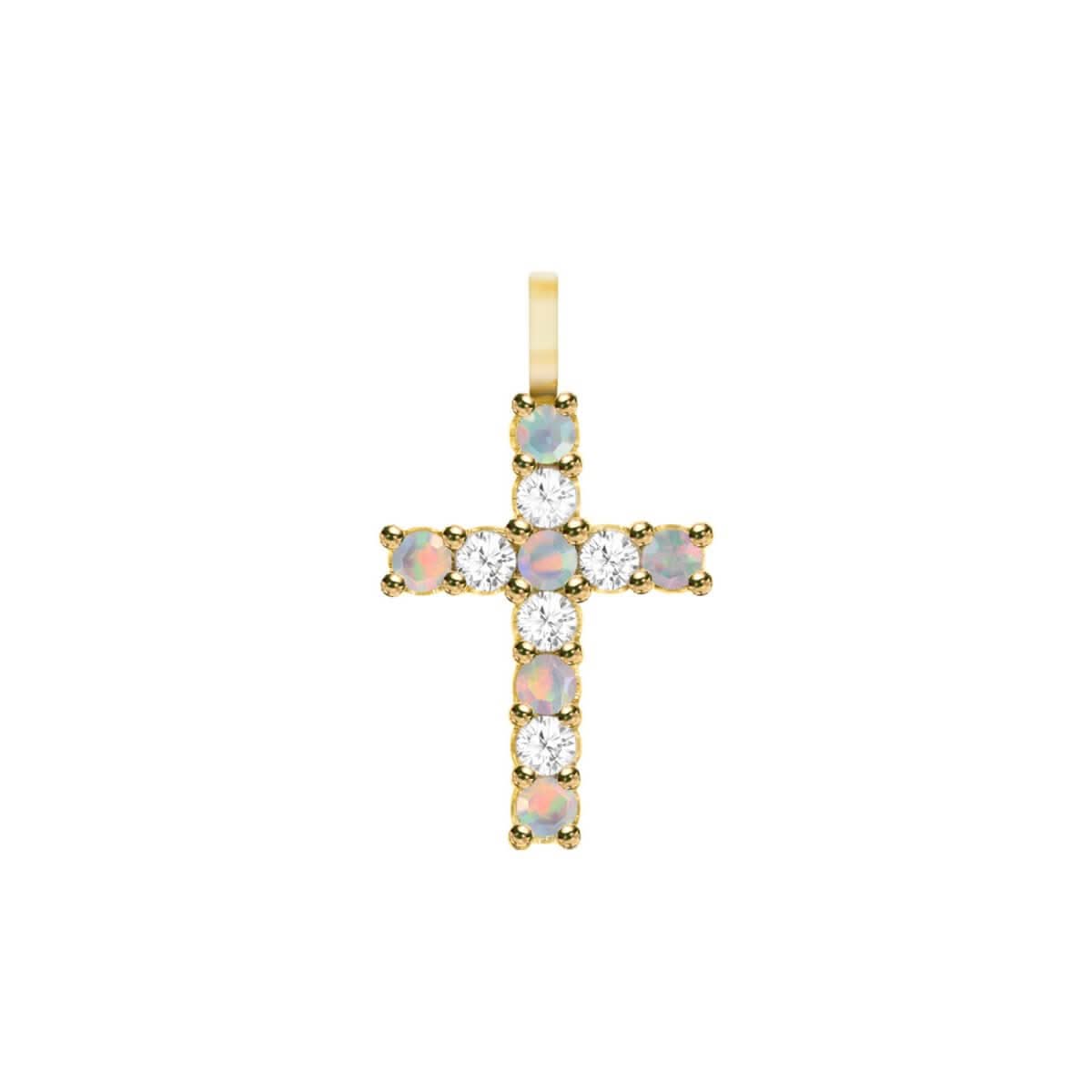 Rosecliff Cross Diamond & Opal Pendant in 14k Gold (October)