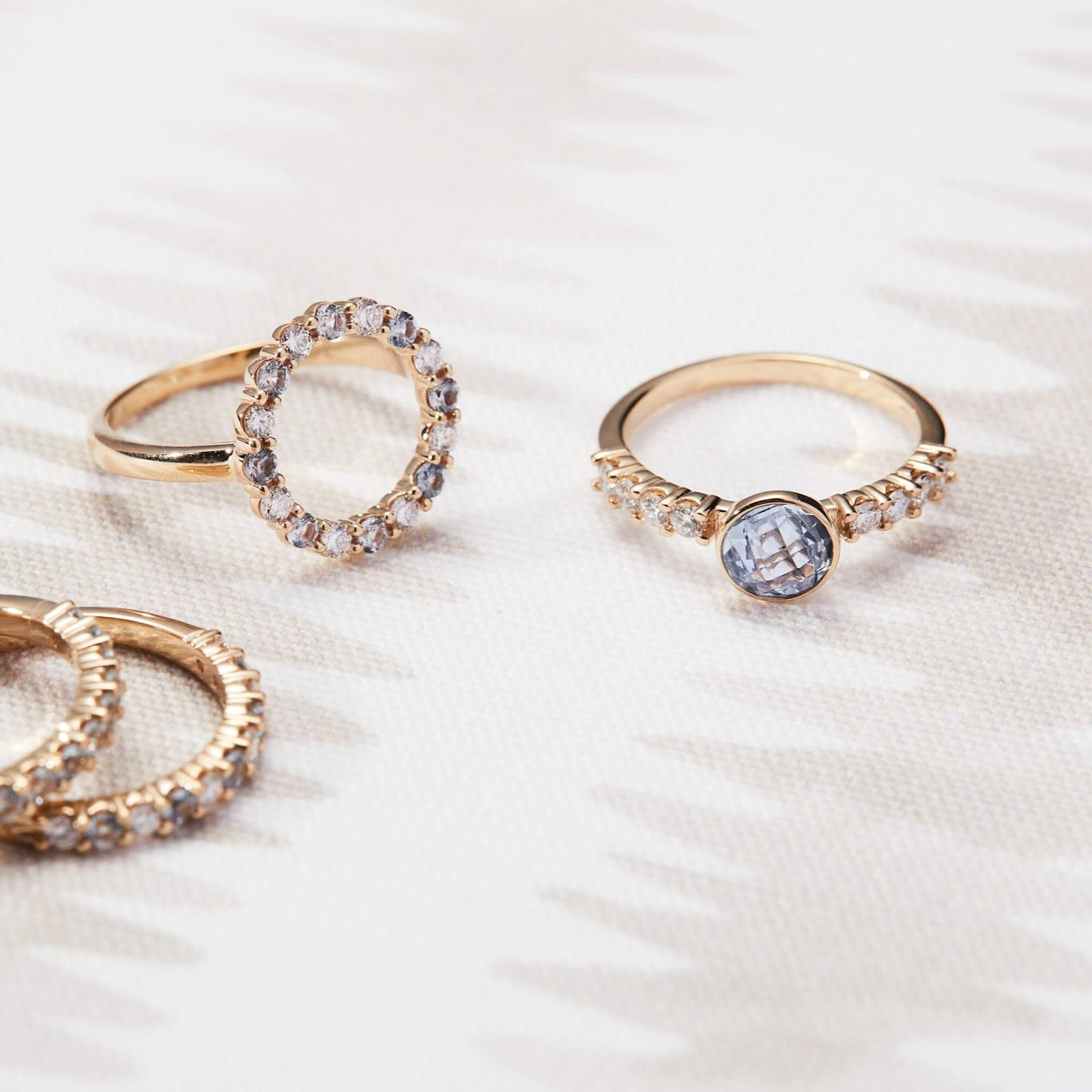 Assorted Haverhill jewelry, including a Rosecliff Grand Ring in 14k gold with a 6 mm briolette-cut aquamarine and eight 2 mm round-cut alternating diamonds.