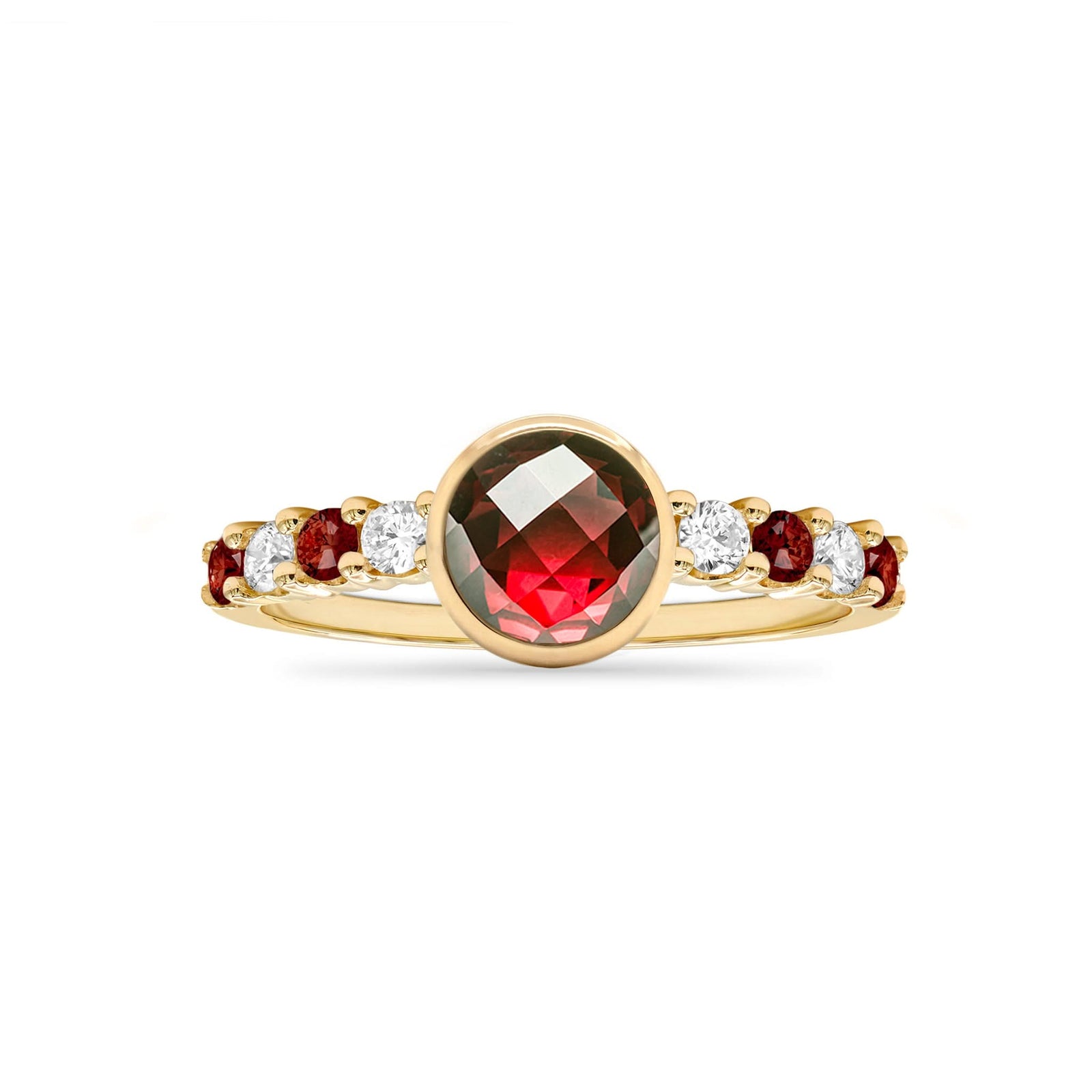 14k gold Rosecliff Grand Ring showcasing a 6 mm round, briolette-cut Garnet and eight alternating 2 mm round-cut gemstones - front view.