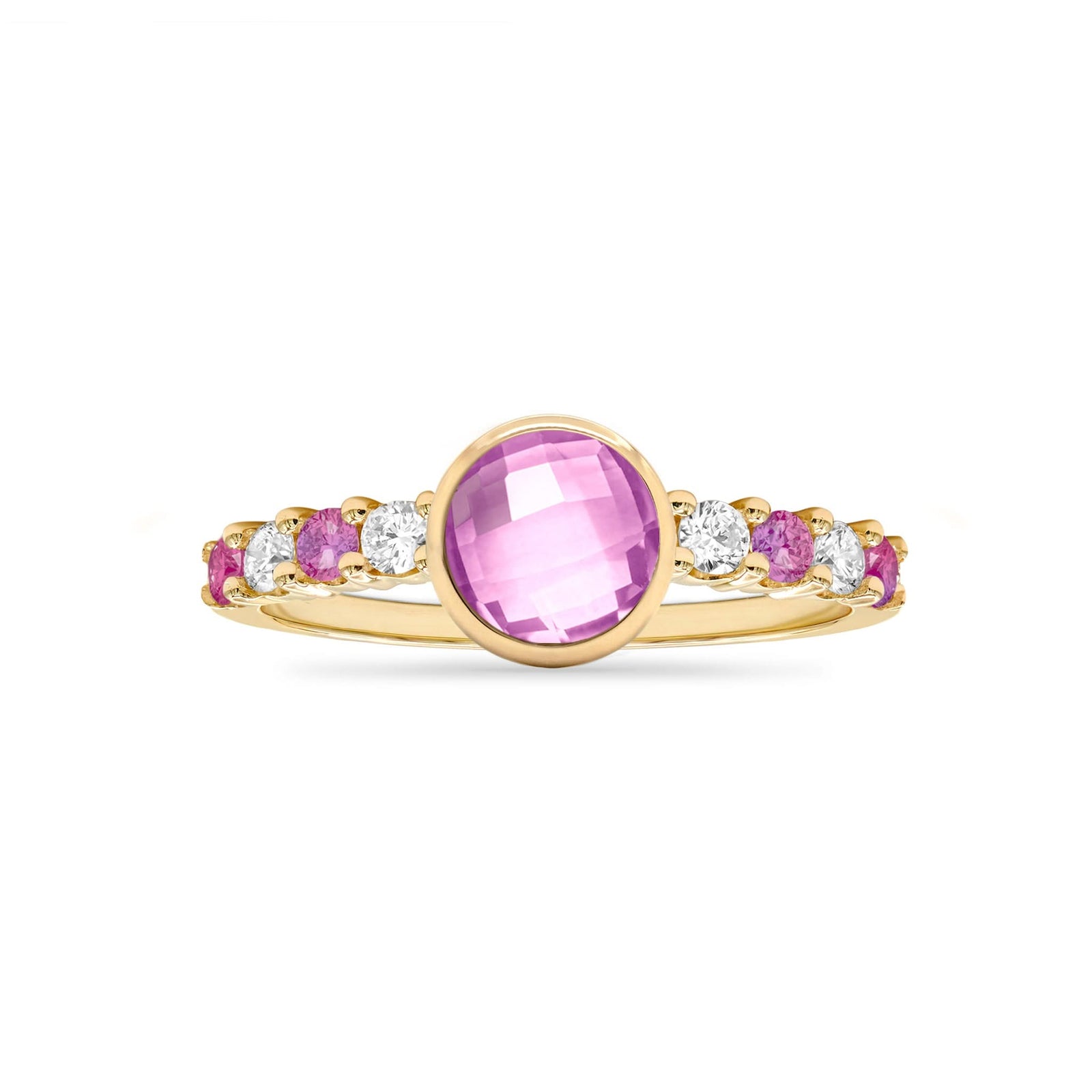 14k gold Rosecliff Grand Ring showcasing a 6 mm round, briolette-cut Pink Sapphire and eight alternating 2 mm round-cut gemstones - front view.