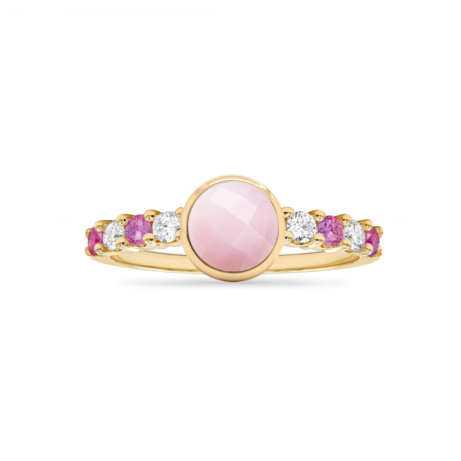 14k gold Rosecliff Grand Ring showcasing a 6 mm round, briolette-cut Opal and eight alternating 2 mm round-cut gemstones - front view.