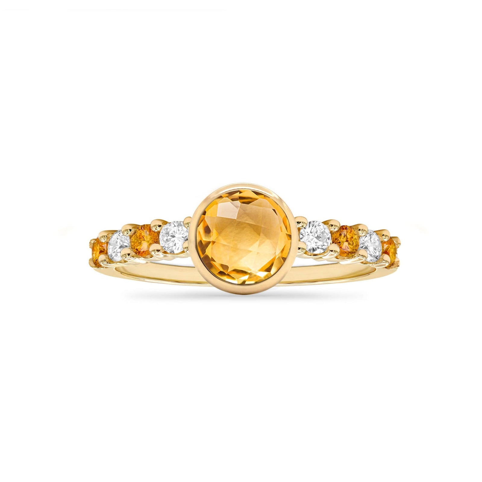 14k gold Rosecliff Grand Ring showcasing a 6 mm round, briolette-cut Citrine and eight alternating 2 mm round-cut gemstones - front view.