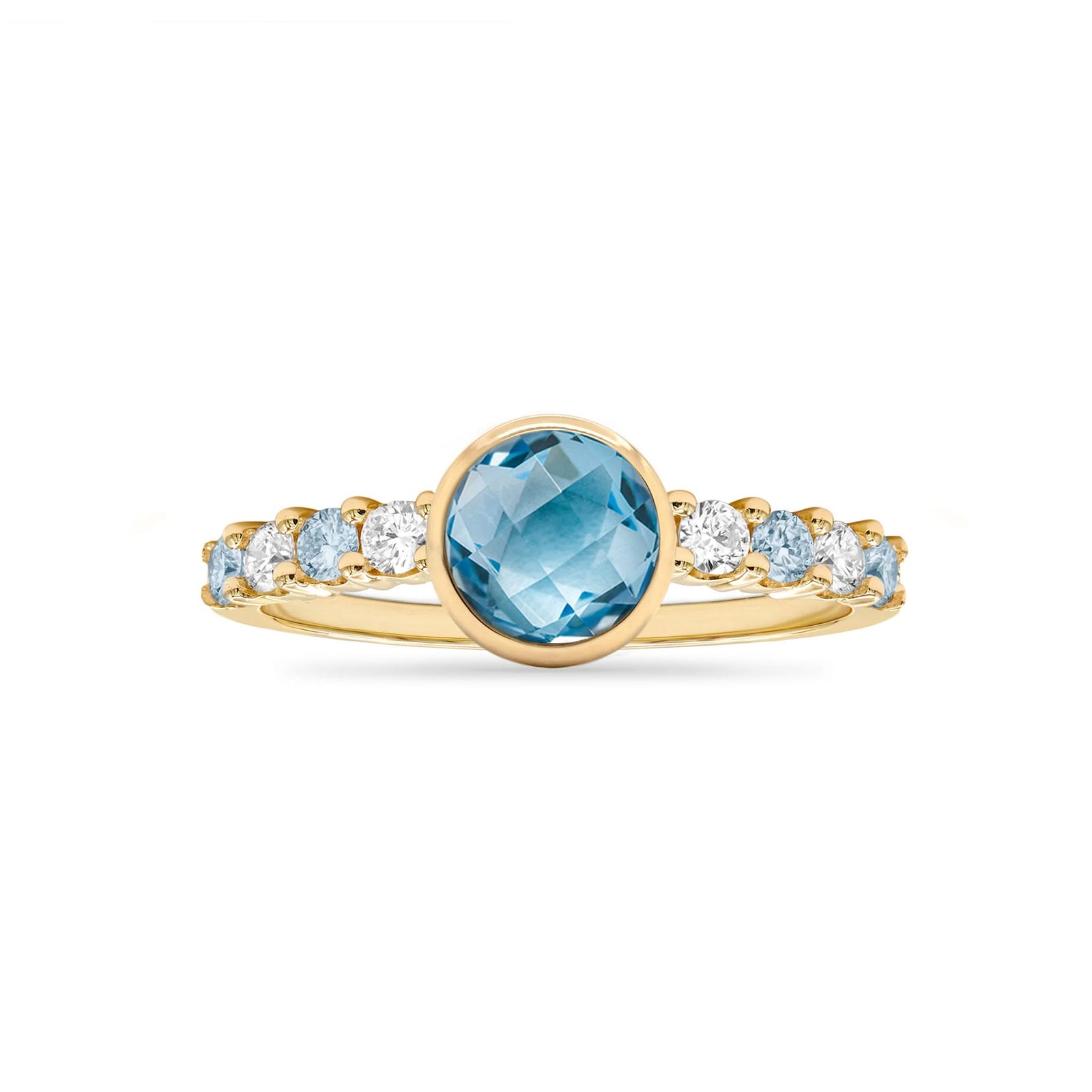14k gold Rosecliff Grand Ring showcasing a 6 mm round, briolette-cut Blue Topaz and eight alternating 2 mm round-cut gemstones - front view.