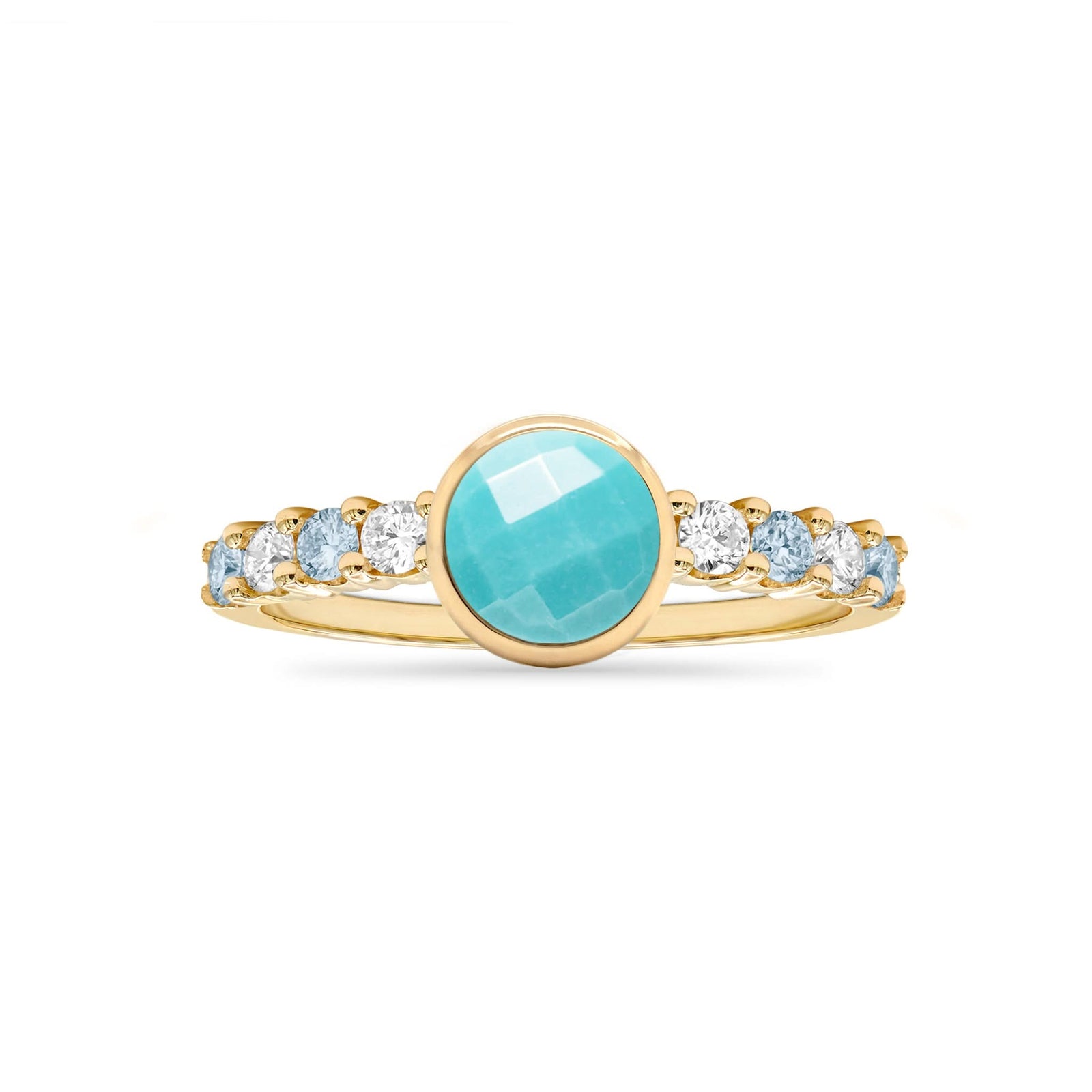 14k gold Rosecliff Grand Ring showcasing a 6 mm round, briolette-cut Turquoise and eight alternating 2 mm round-cut gemstones - front view.