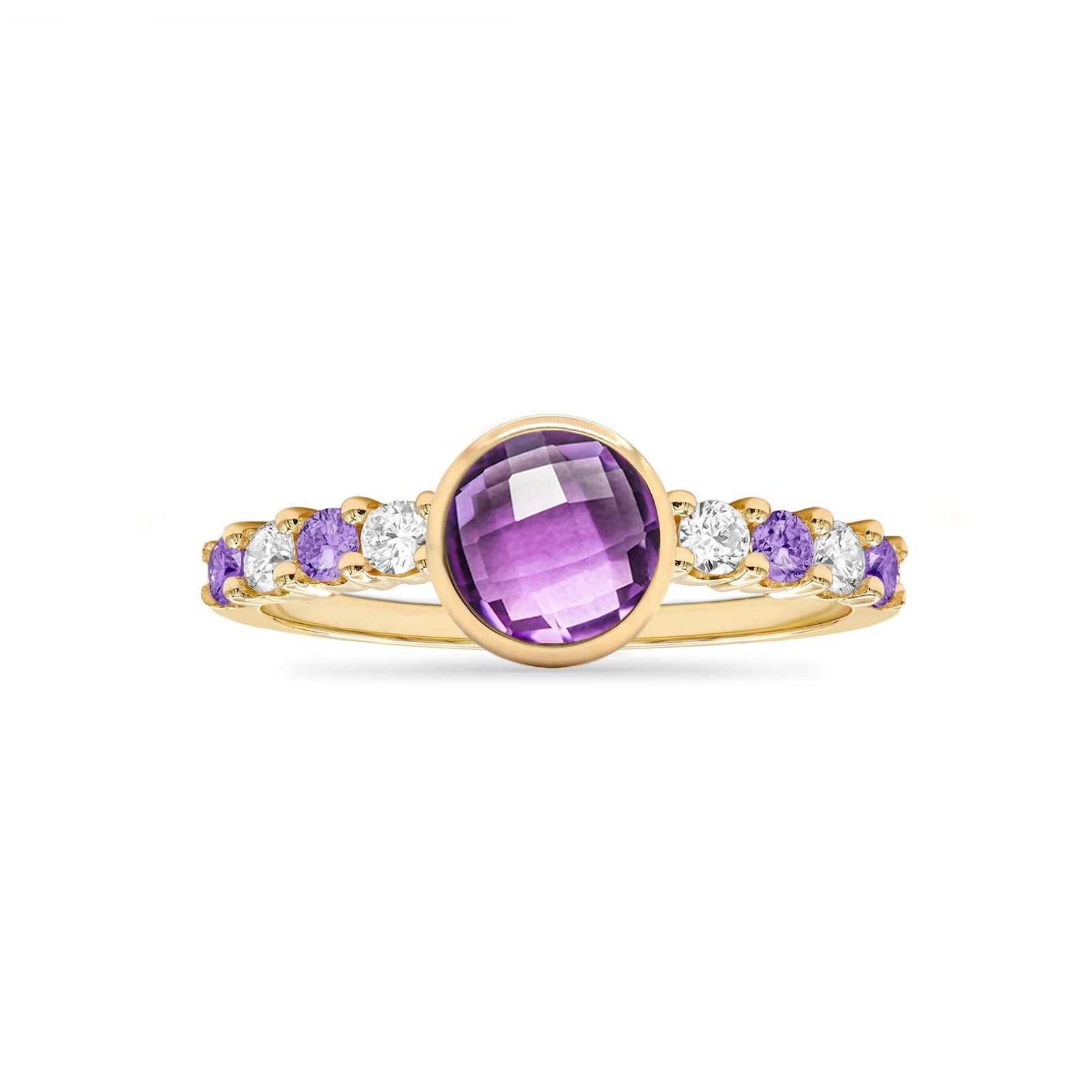 14k gold Rosecliff Grand Ring showcasing a 6 mm round, briolette-cut Amethyst and eight 2 mm round-cut gemstones - front view.