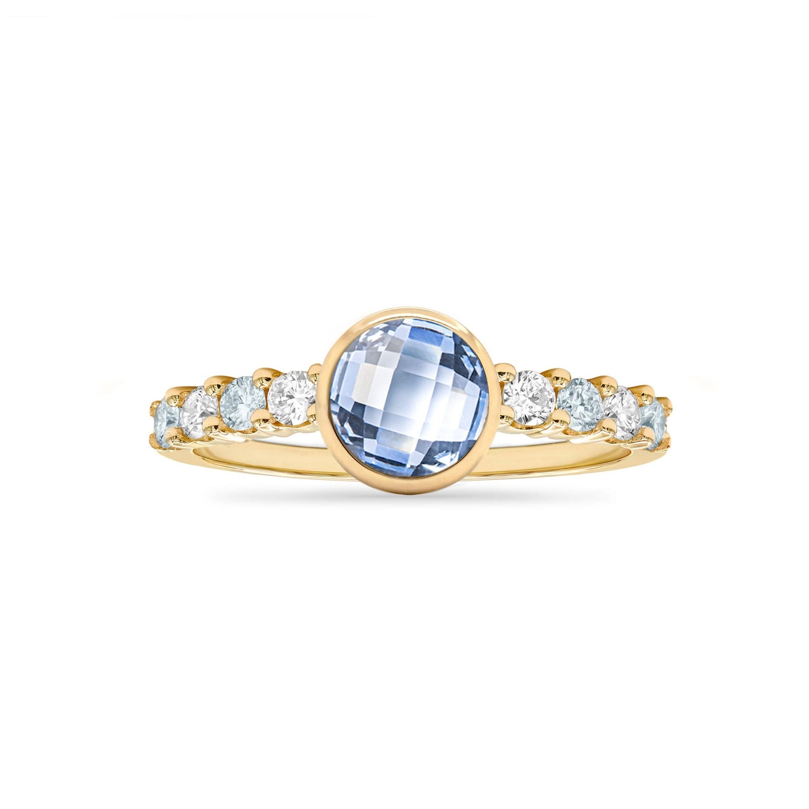 14k gold Rosecliff Grand Ring showcasing a 6 mm round, briolette-cut Aquamarine and eight 2 mm round-cut gemstones - front view.