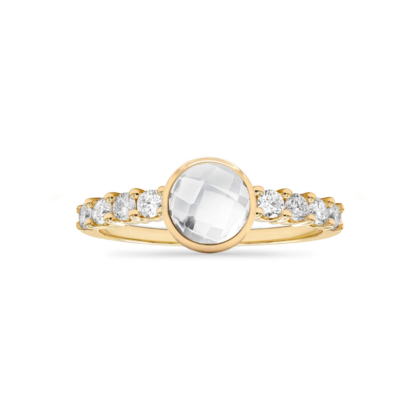 14k gold Rosecliff Grand Ring showcasing a 6 mm round, briolette-cut White Topaz and eight alternating 2 mm round-cut gemstones - front view.