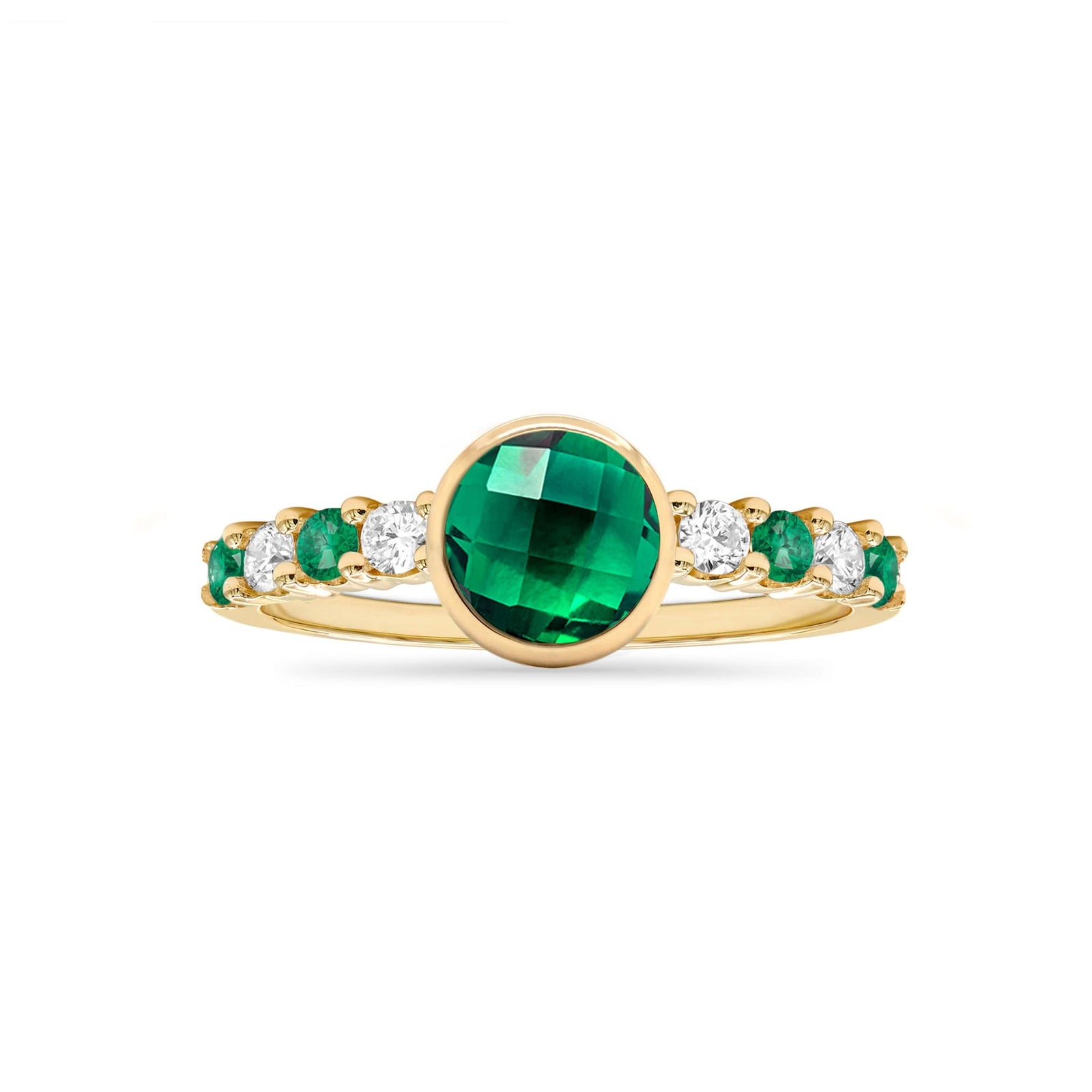 14k gold Rosecliff Grand Ring showcasing a 6 mm round, briolette-cut Emerald and eight alternating 2 mm round-cut gemstones - front view.