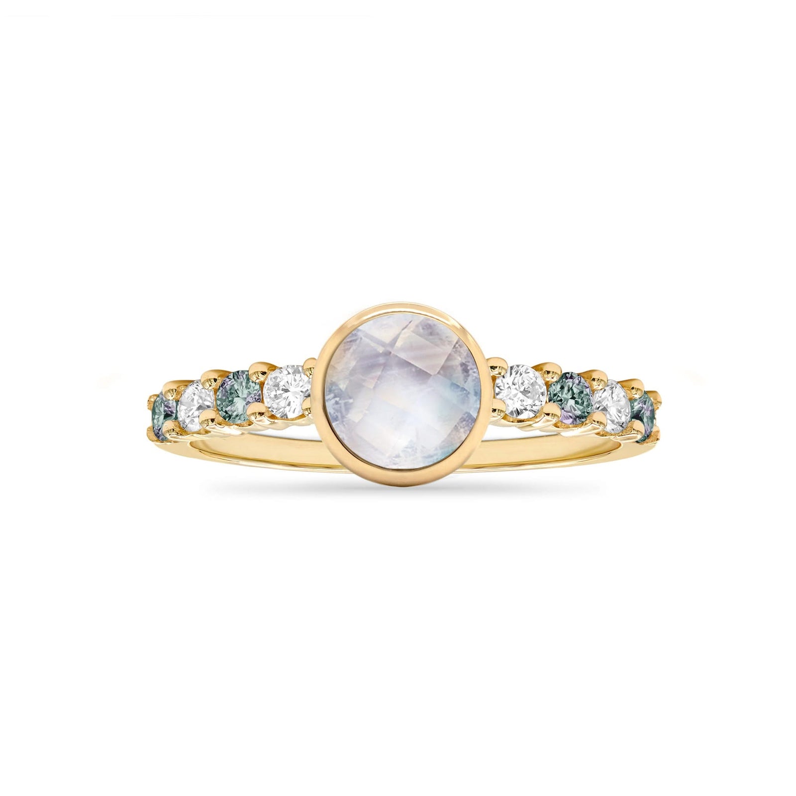 14k gold Rosecliff Grand Ring showcasing a 6 mm round, briolette-cut Moonstone and eight alternating 2 mm round-cut Diamonds and Moonstones - front view.