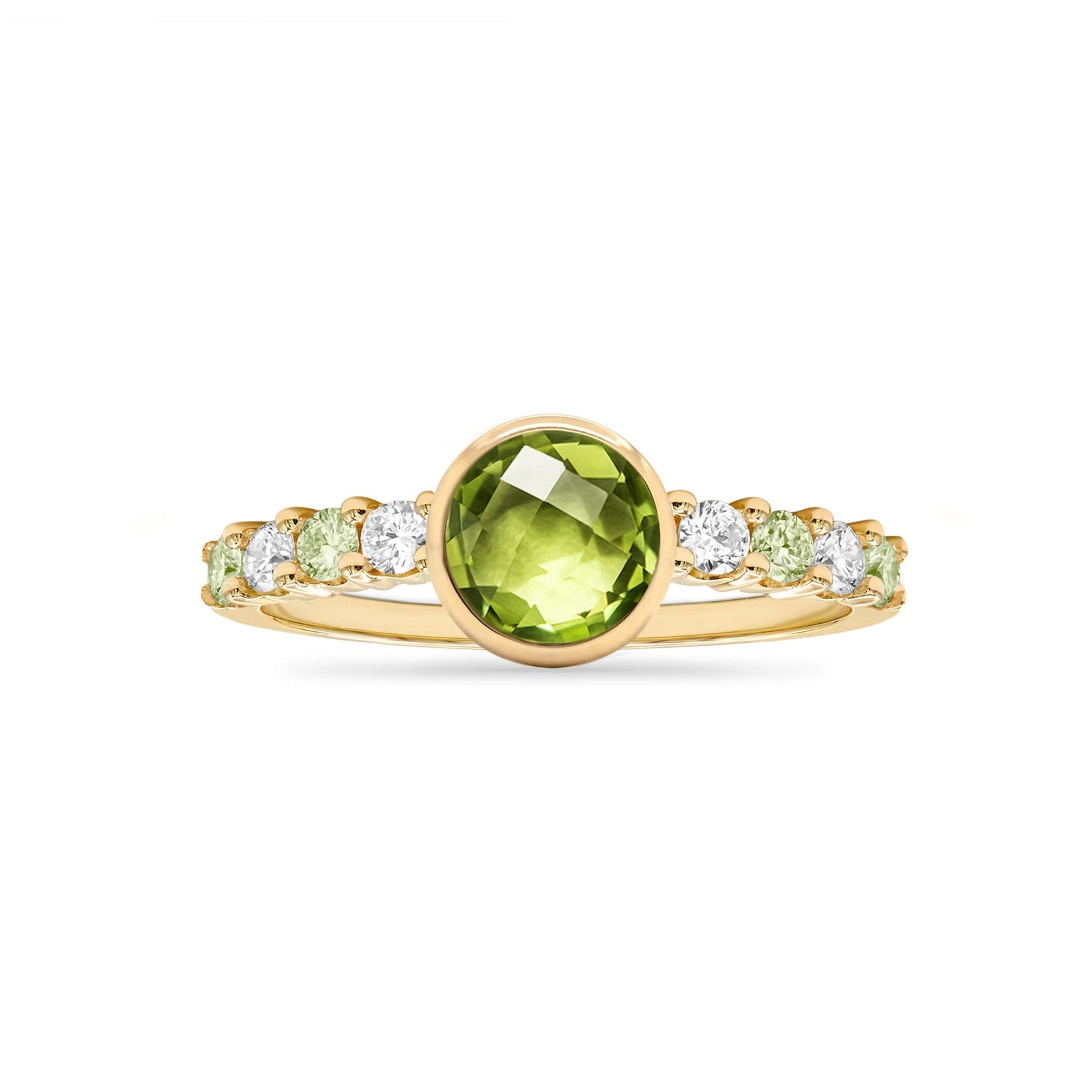14k gold Rosecliff Grand Ring showcasing an alternating 6 mm round, briolette-cut Peridot and eight 2 mm round-cut gemstones - front view.