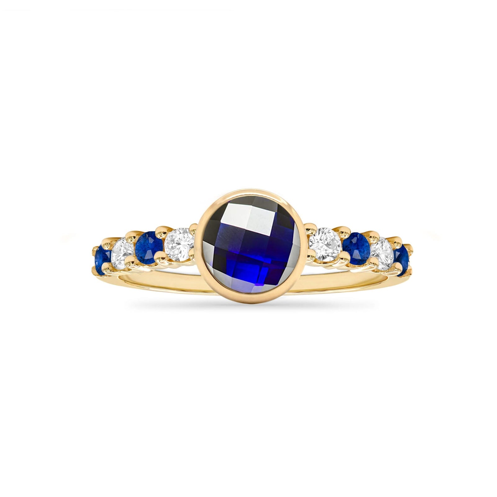 14k gold Rosecliff Grand Ring showcasing a 6 mm round, briolette-cut Sapphire and eight alternating 2 mm round-cut gemstones - front view.