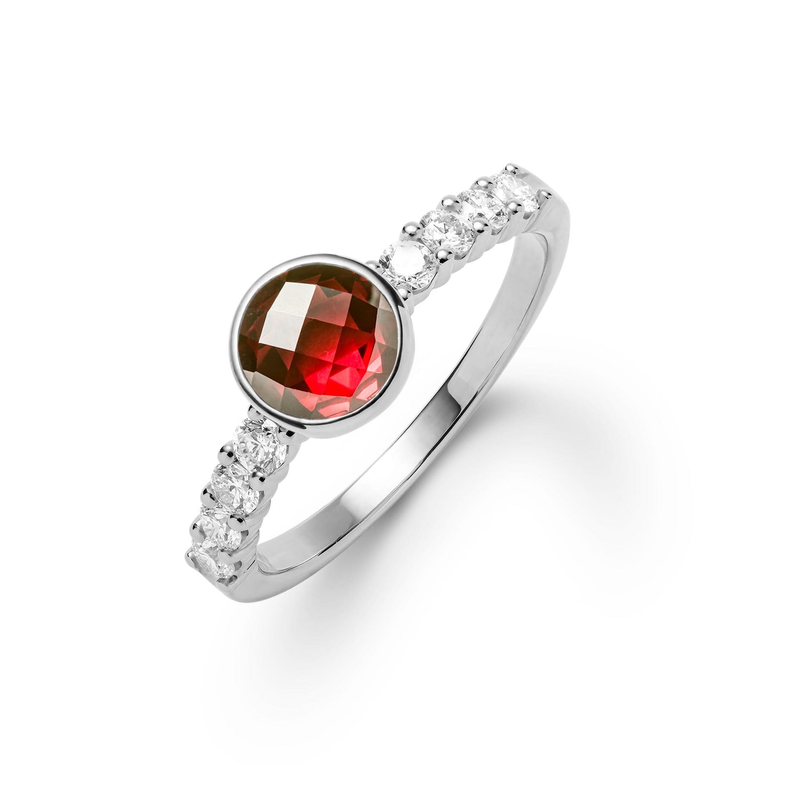 14k white gold Rosecliff Grand Ring with a 6 mm round, briolette-cut Garnet and eight 2 mm round-cut gemstones - aspect view.