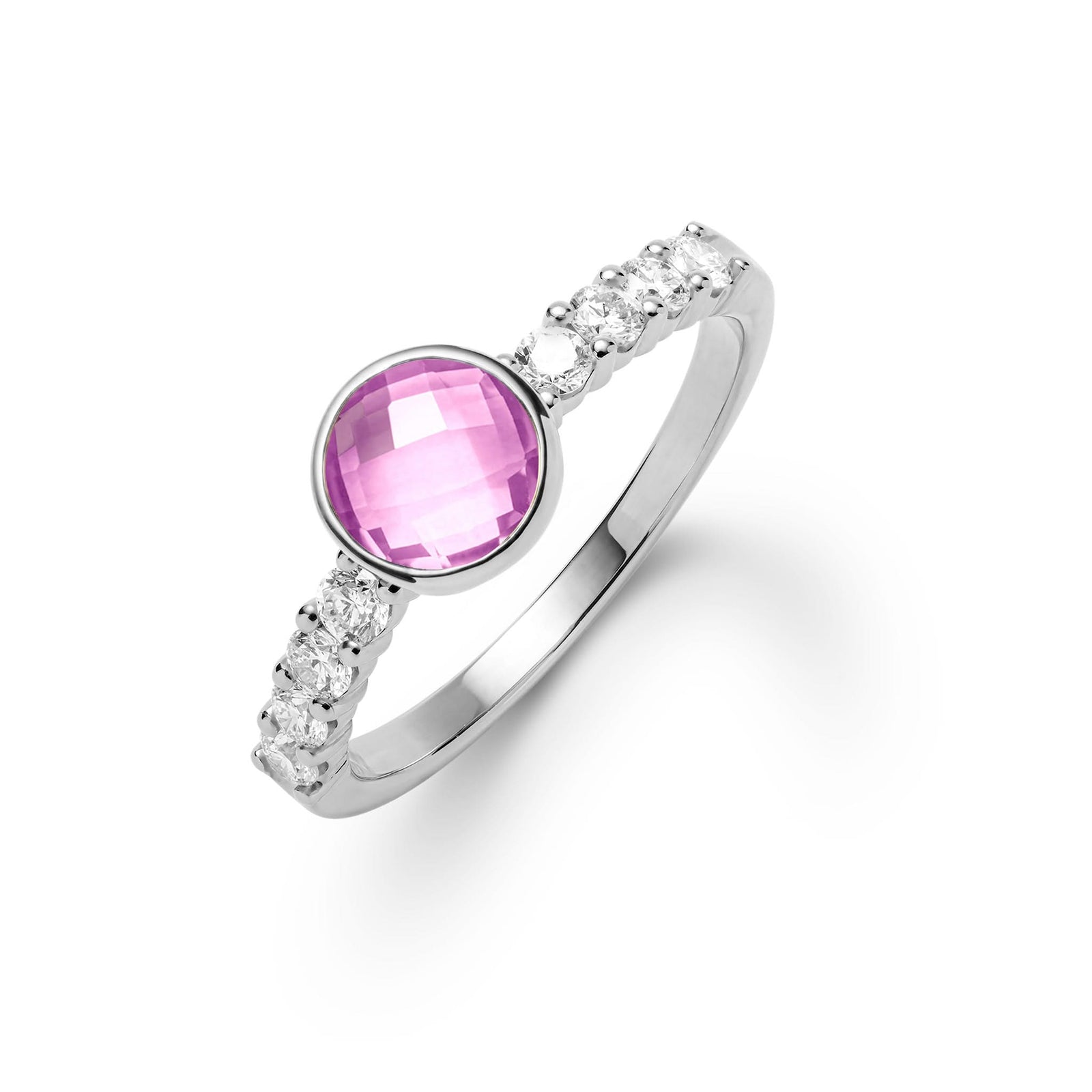 14k white gold Rosecliff Grand Ring with a 6 mm round, briolette-cut Pink Sapphire and eight 2 mm round-cut gemstones - aspect view.