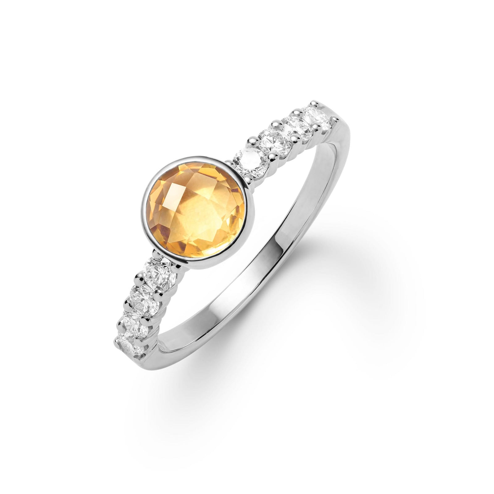 14k white gold Rosecliff Grand Ring with a 6 mm round, briolette-cut Citrine and eight 2 mm round-cut gemstones - aspect view.