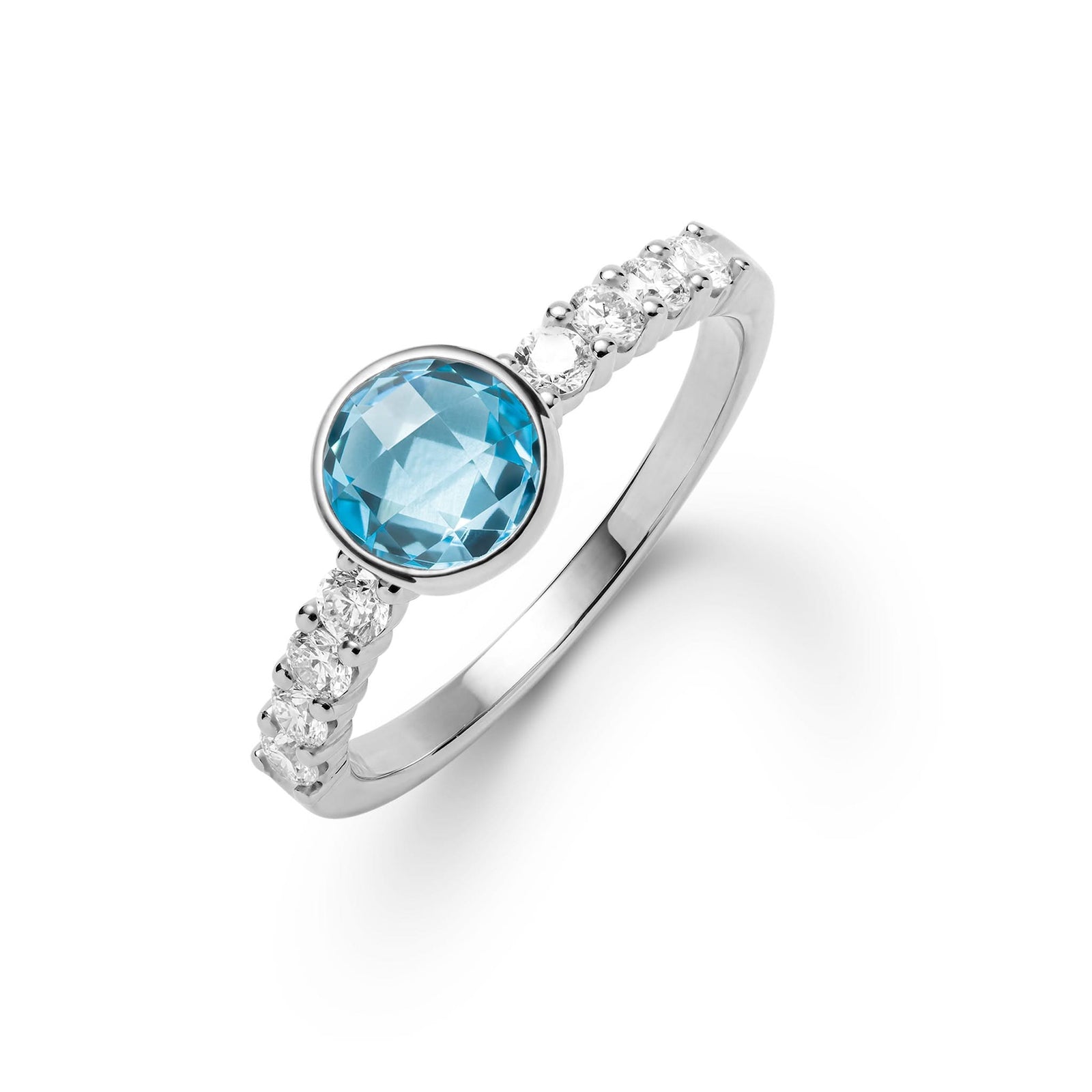 14k white gold Rosecliff Grand Ring with a 6 mm round, briolette-cut Blue Topaz and eight 2 mm round-cut gemstones - aspect view.