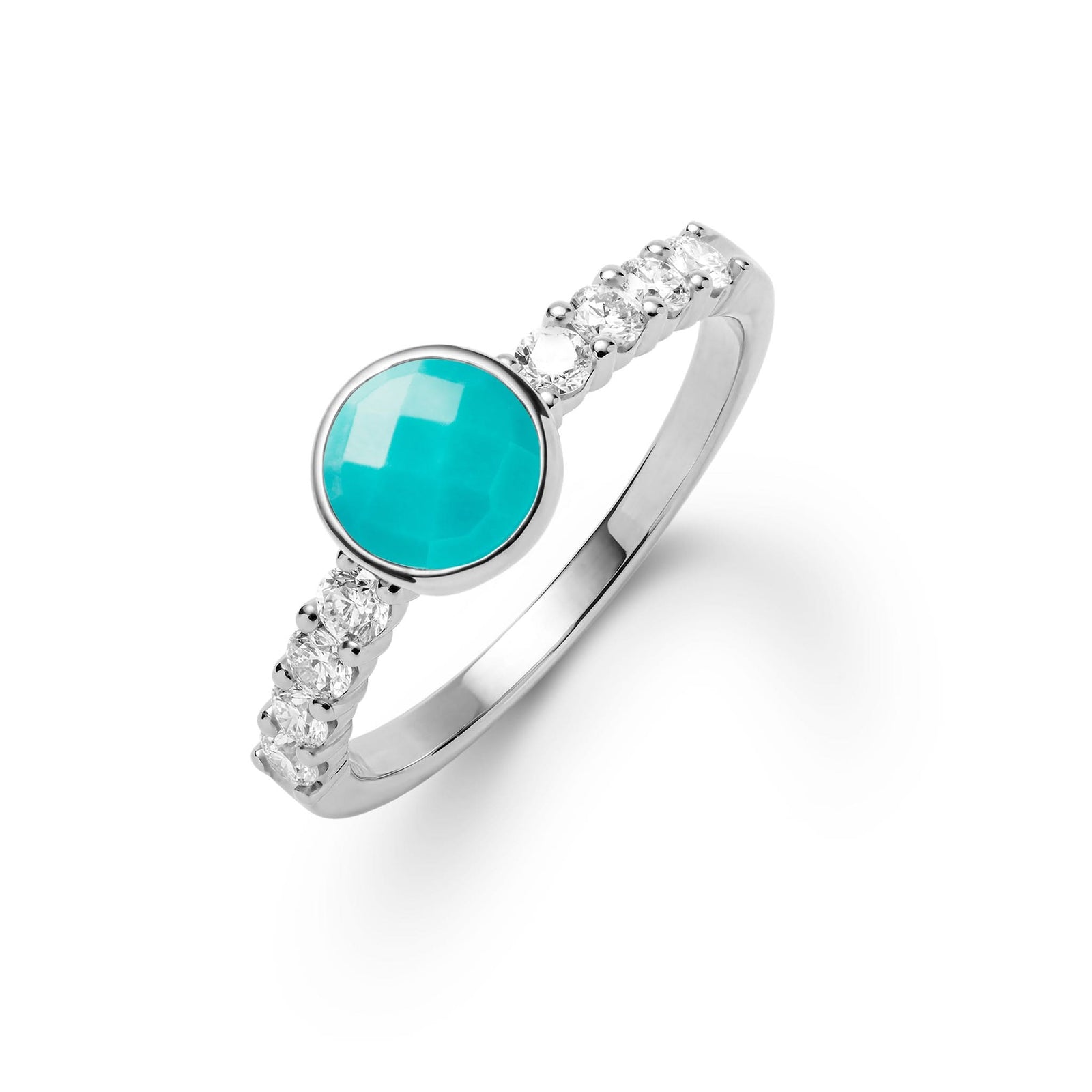 14k white gold Rosecliff Grand Ring with a 6 mm round, briolette-cut Turquoise and eight 2 mm round-cut gemstones - aspect view.
