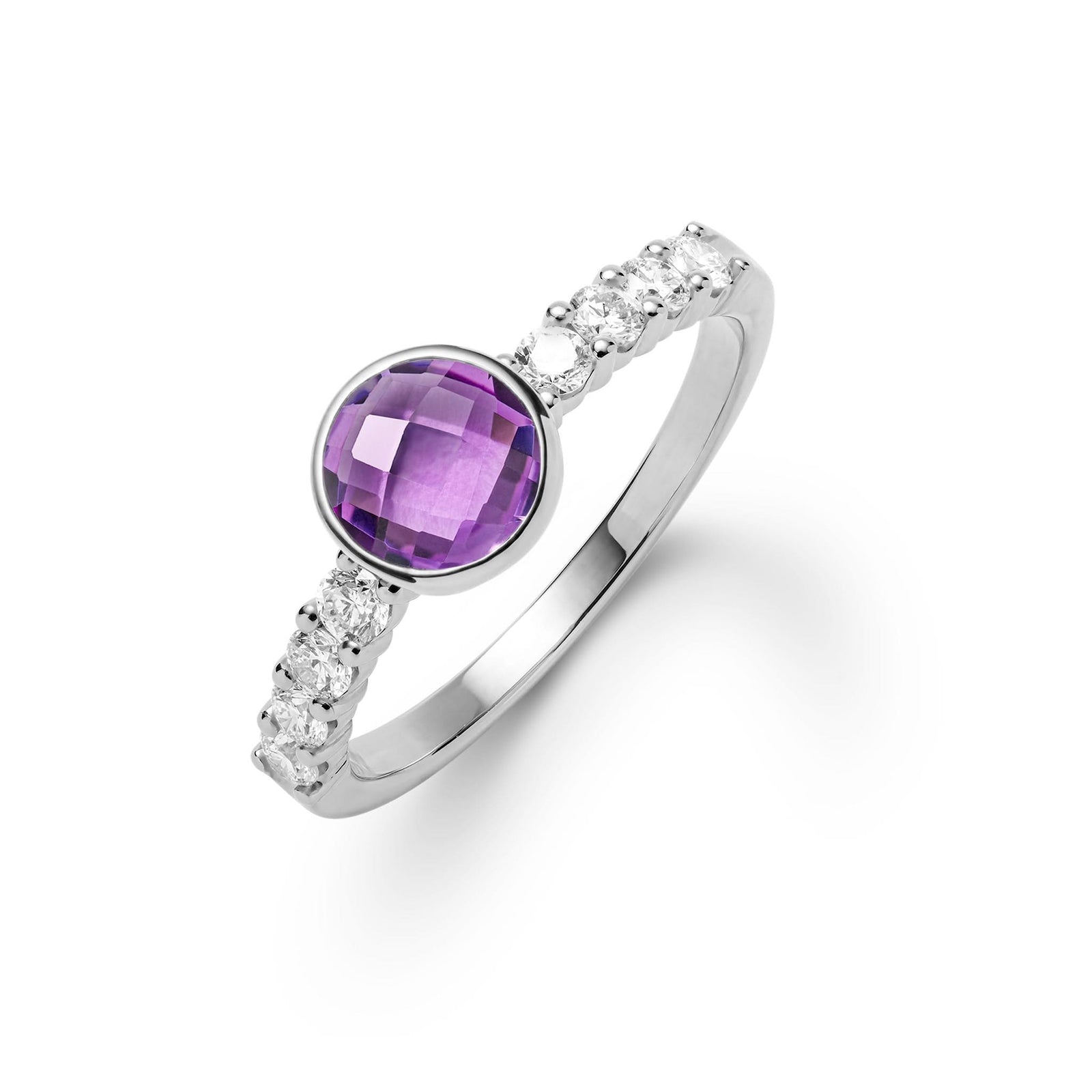 14k white gold Rosecliff Grand Ring with a 6 mm round, briolette-cut Amethyst and eight 2 mm round-cut gemstones - aspect view.