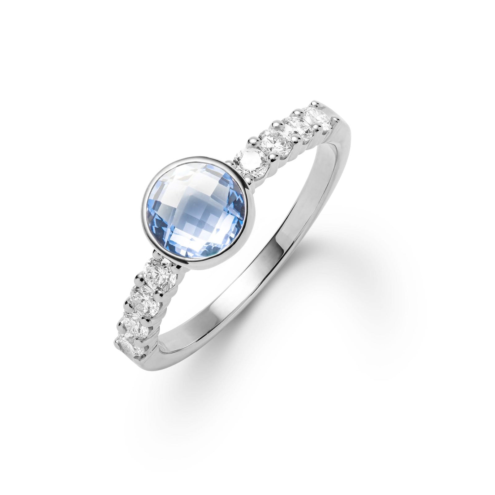 14k white gold Rosecliff Grand Ring with a 6 mm round, briolette-cut Aquamarine and eight 2 mm round-cut gemstones - aspect view.
