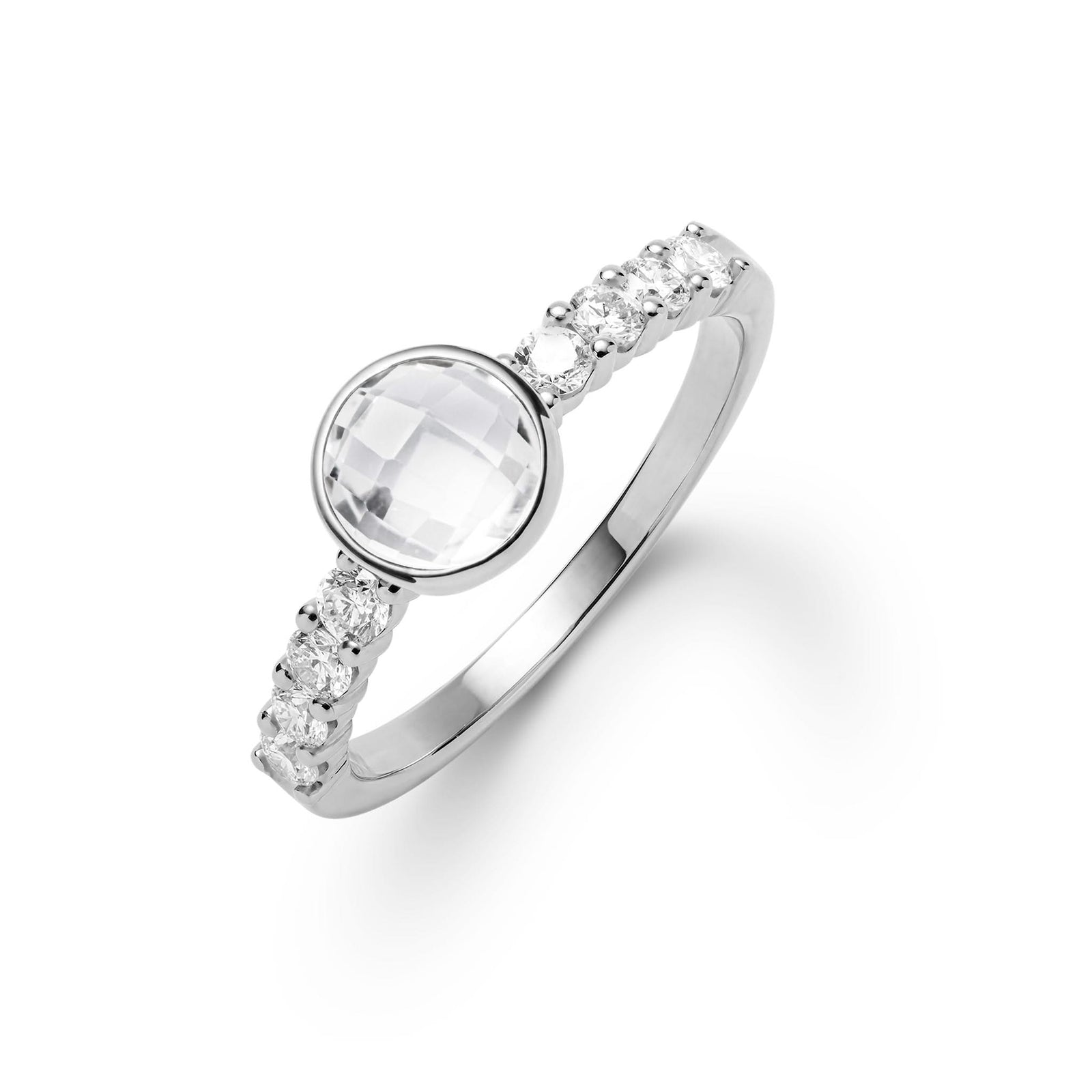 14k white gold Rosecliff Grand Ring with a 6 mm round, briolette-cut White Topaz and eight 2 mm round-cut gemstones - aspect view.