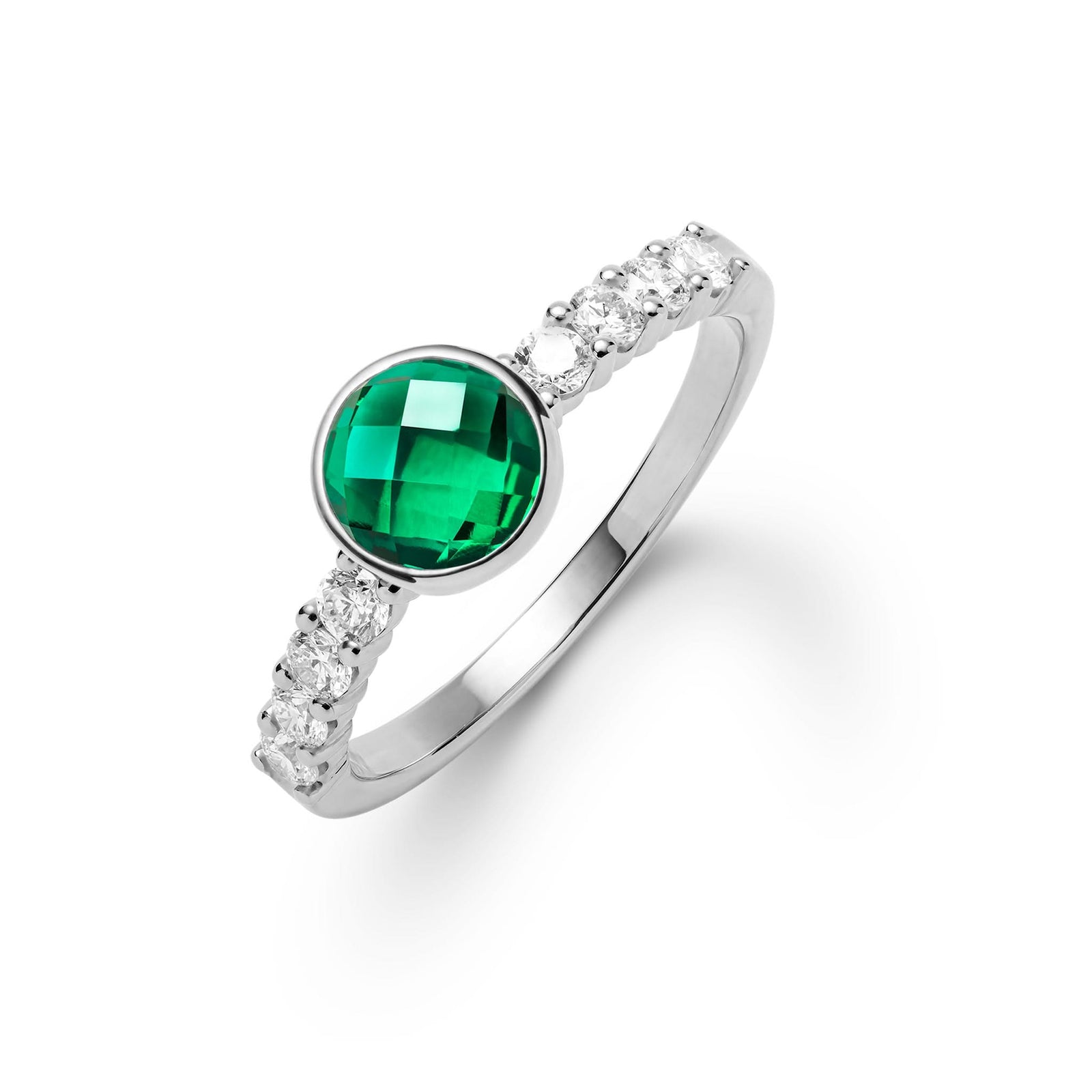 14k white gold Rosecliff Grand Ring with a 6 mm round, briolette-cut Emerald and eight 2 mm round-cut gemstones - aspect view.