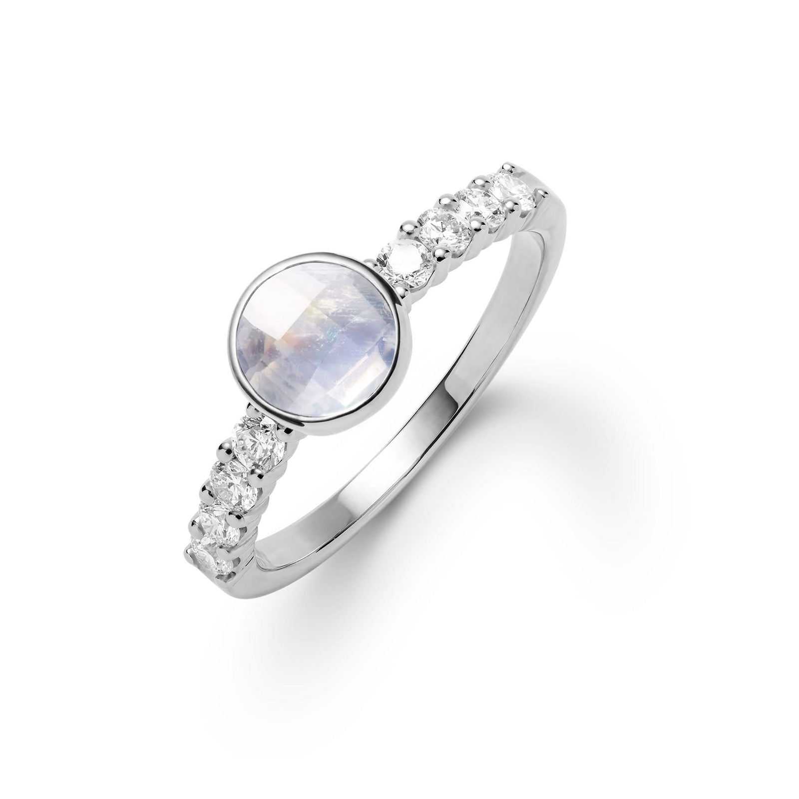 14k white gold Rosecliff Grand Ring with a 6 mm round, briolette-cut Moonstone and eight 2 mm round-cut gemstones - aspect view.