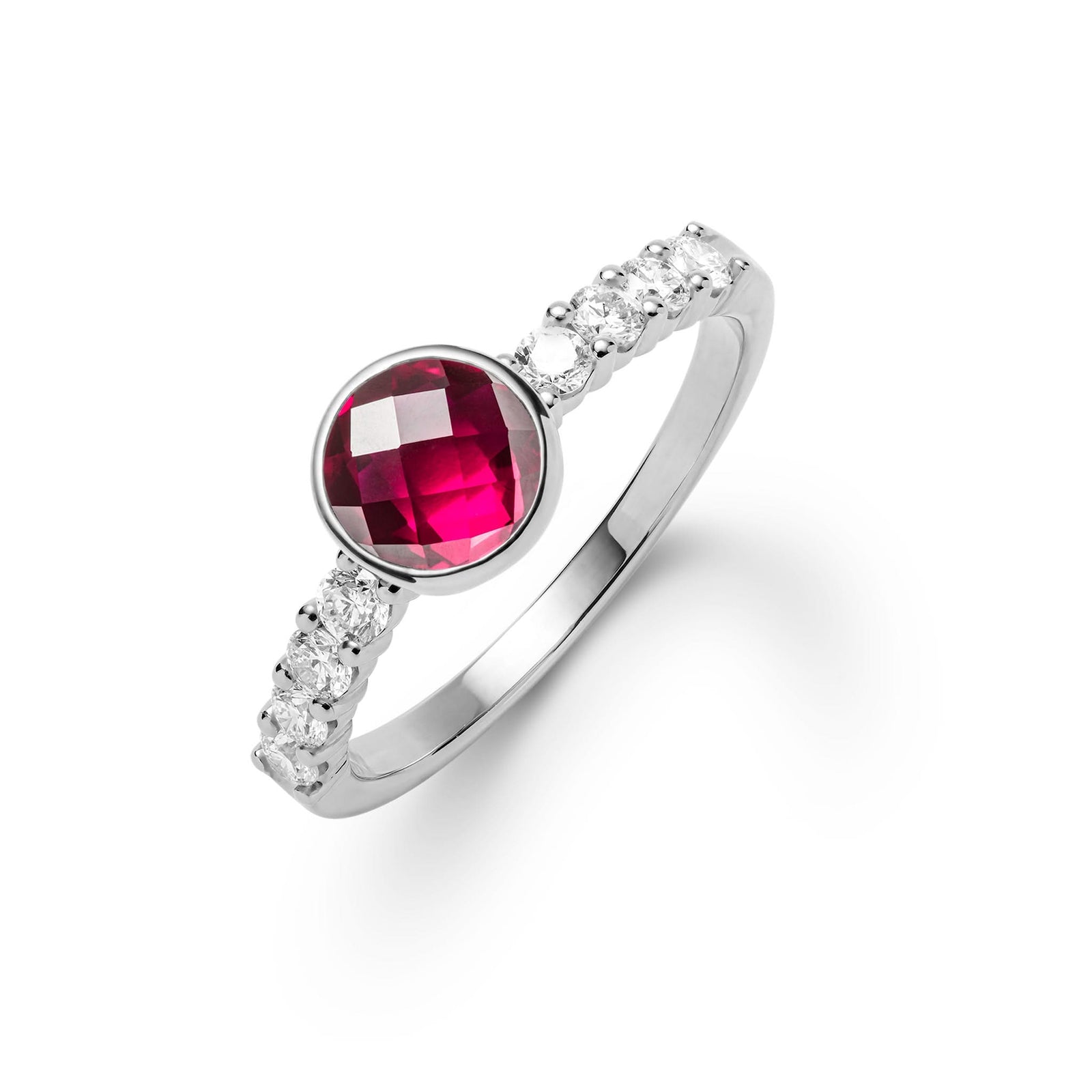 14k white gold Rosecliff Grand Ring with a 6 mm round, briolette-cut Ruby and eight 2 mm round-cut gemstones - aspect view.