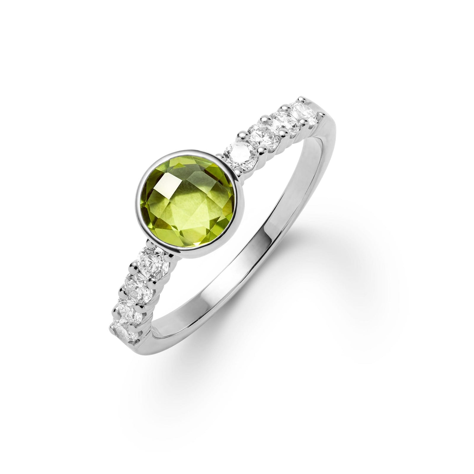 14k white gold Rosecliff Grand Ring with a 6 mm round, briolette-cut Peridot and eight 2 mm round-cut gemstones - aspect view.