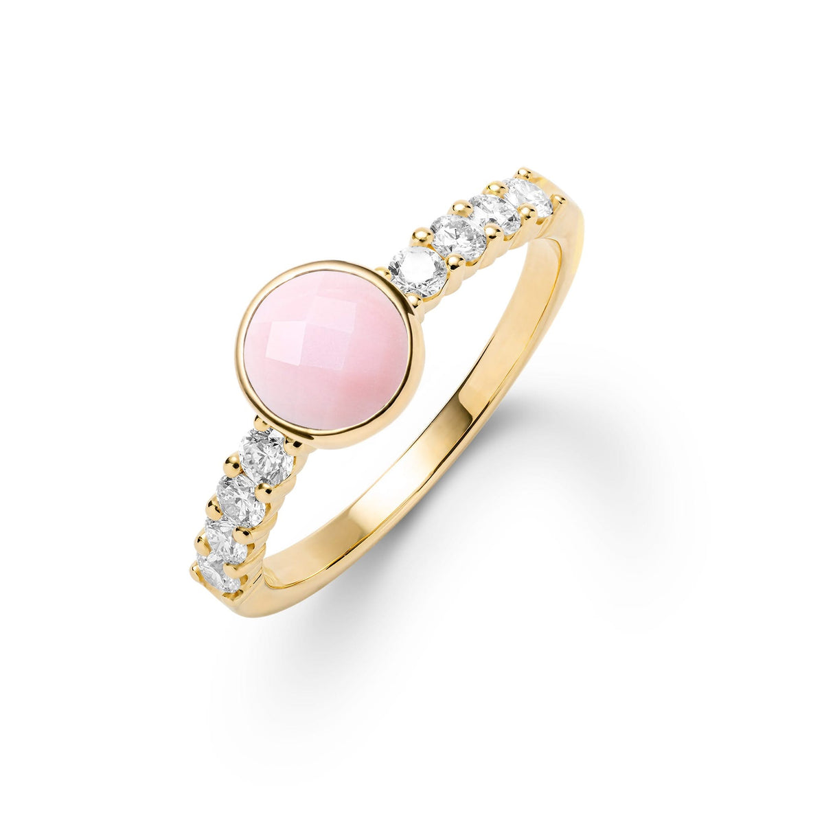14k gold Rosecliff Grand Ring with 6 mm round, briolette-cut Opal and eight 2 mm round-cut gemstones - aspect view.