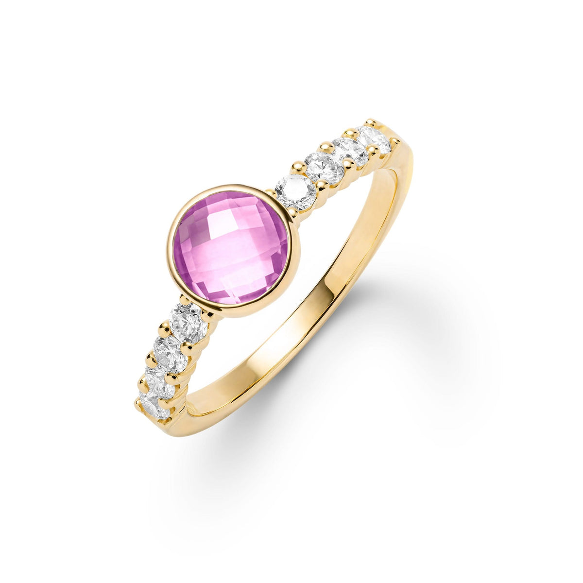 14k gold Rosecliff Grand Ring with 6 mm round, briolette-cut Pink Sapphire and eight 2 mm round-cut gemstones - aspect view.
