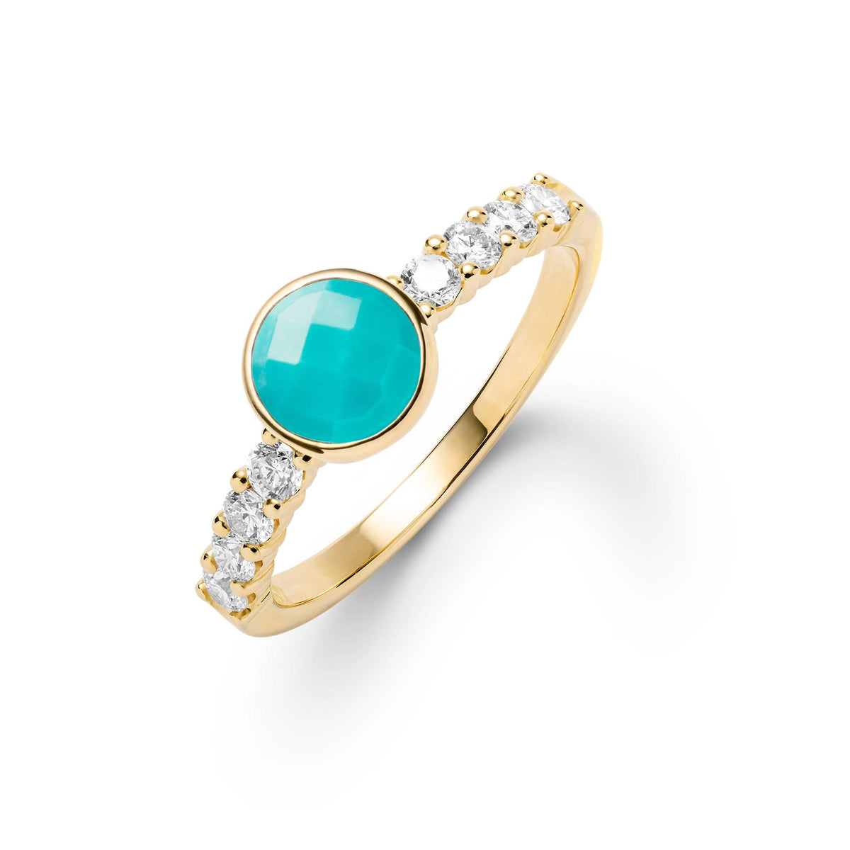 14k gold Rosecliff Grand Ring with 6 mm round, briolette-cut Turquoise and eight 2 mm round-cut gemstones - aspect view.