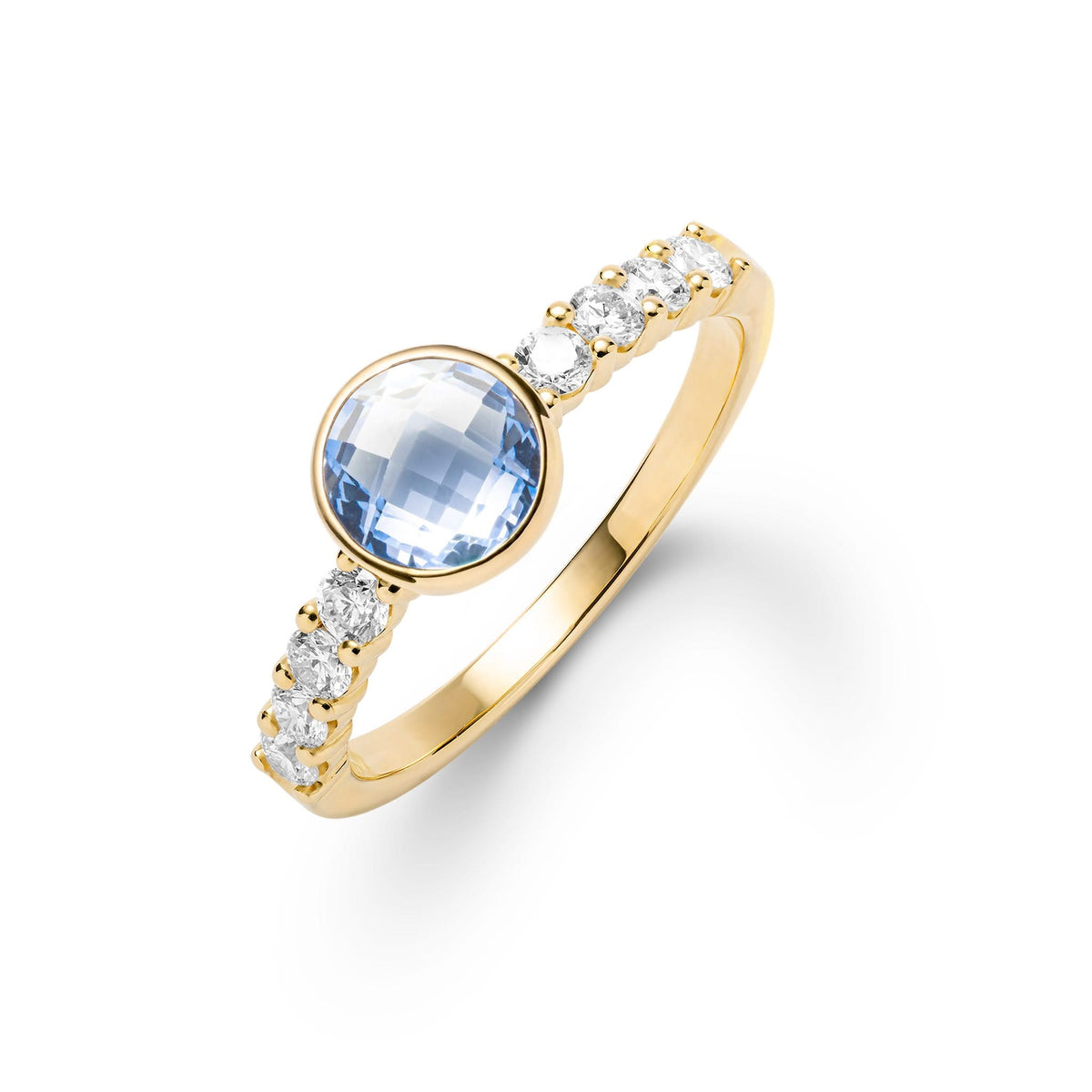 14k gold Rosecliff Grand Ring with 6 mm round, briolette-cut Aquamarine and eight 2 mm round-cut gemstones - aspect view.