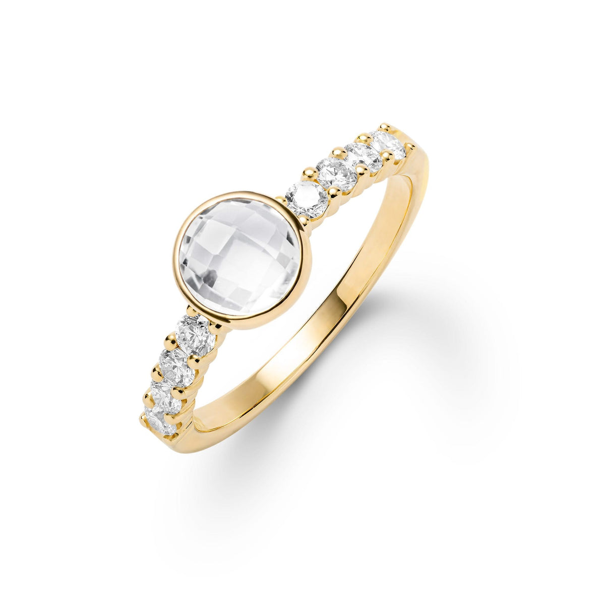 14k gold Rosecliff Grand Ring with 6 mm round, briolette-cut White Topaz and eight 2 mm round-cut gemstones - aspect view.
