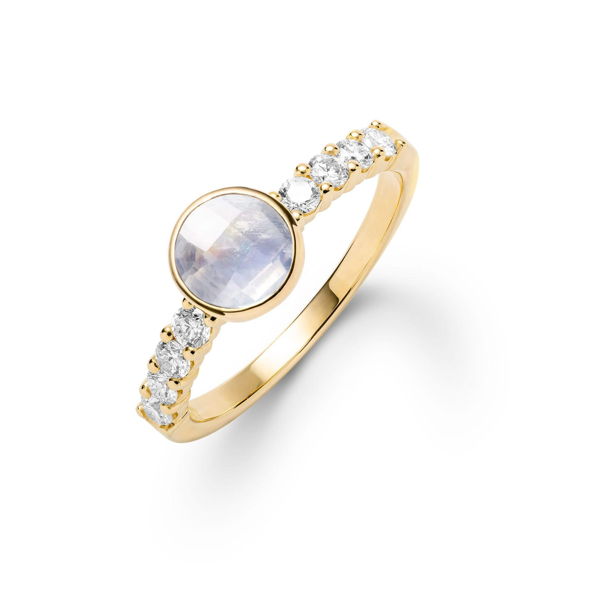 Rosecliff Grand Ring in a 14k gold, featuring a 6 mm round, briolette-cut Moonstone and eight 2 mm round-cut gemstones - aspect view.