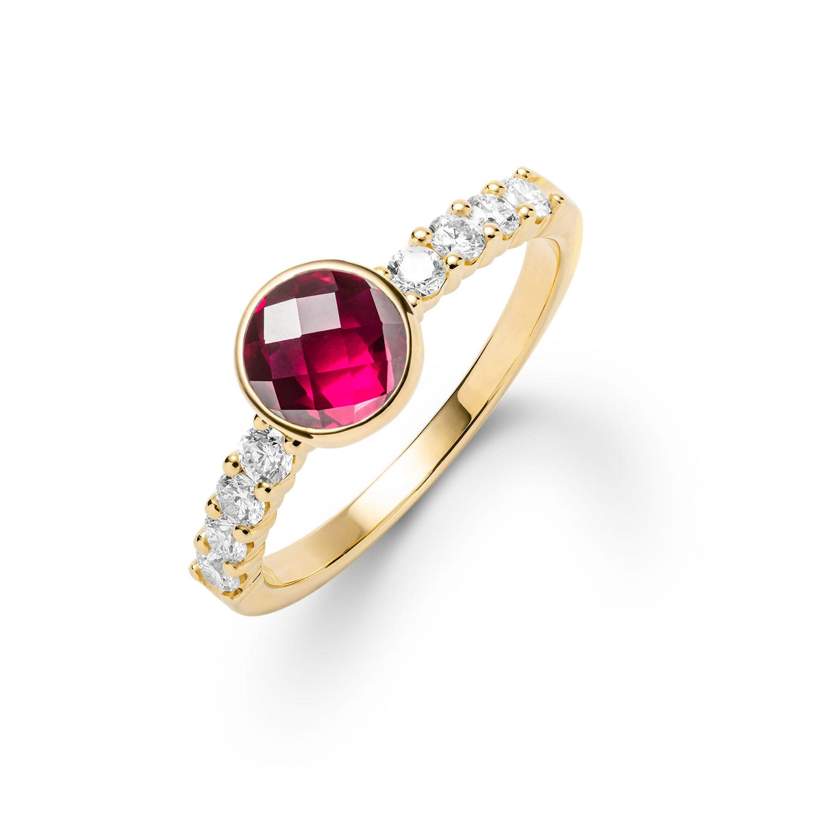 14k gold Rosecliff Grand Ring with 6 mm round, briolette-cut Ruby and eight 2 mm round-cut gemstones - aspect view.