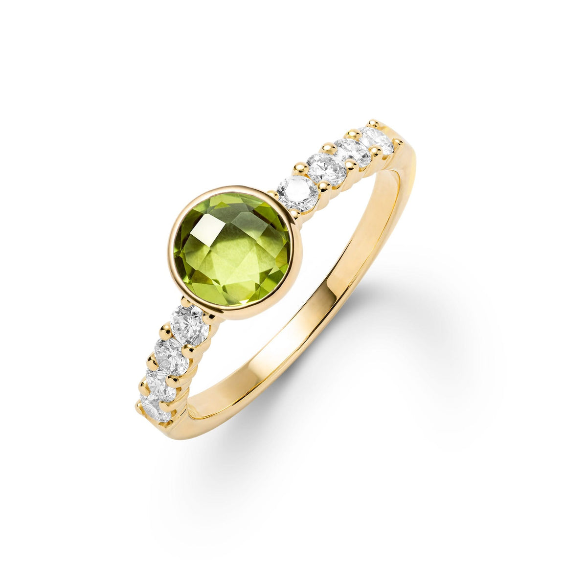 14k gold Rosecliff Grand Ring with 6 mm round, briolette-cut Peridot and eight 2 mm round-cut gemstones - aspect view.