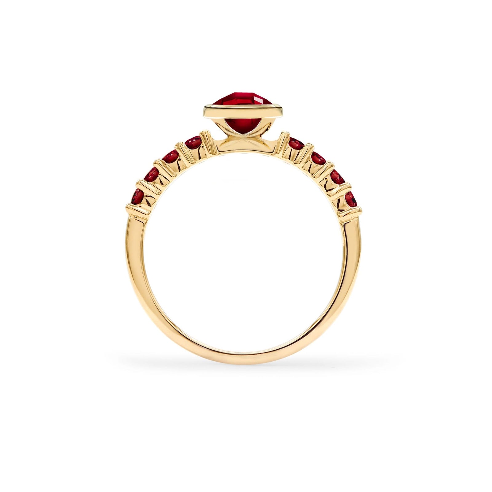 Rosecliff Grand Ring in a 14k gold, featuring a 6 mm round, briolette-cut Garnet and eight 2 mm round-cut gemstones - standing view.