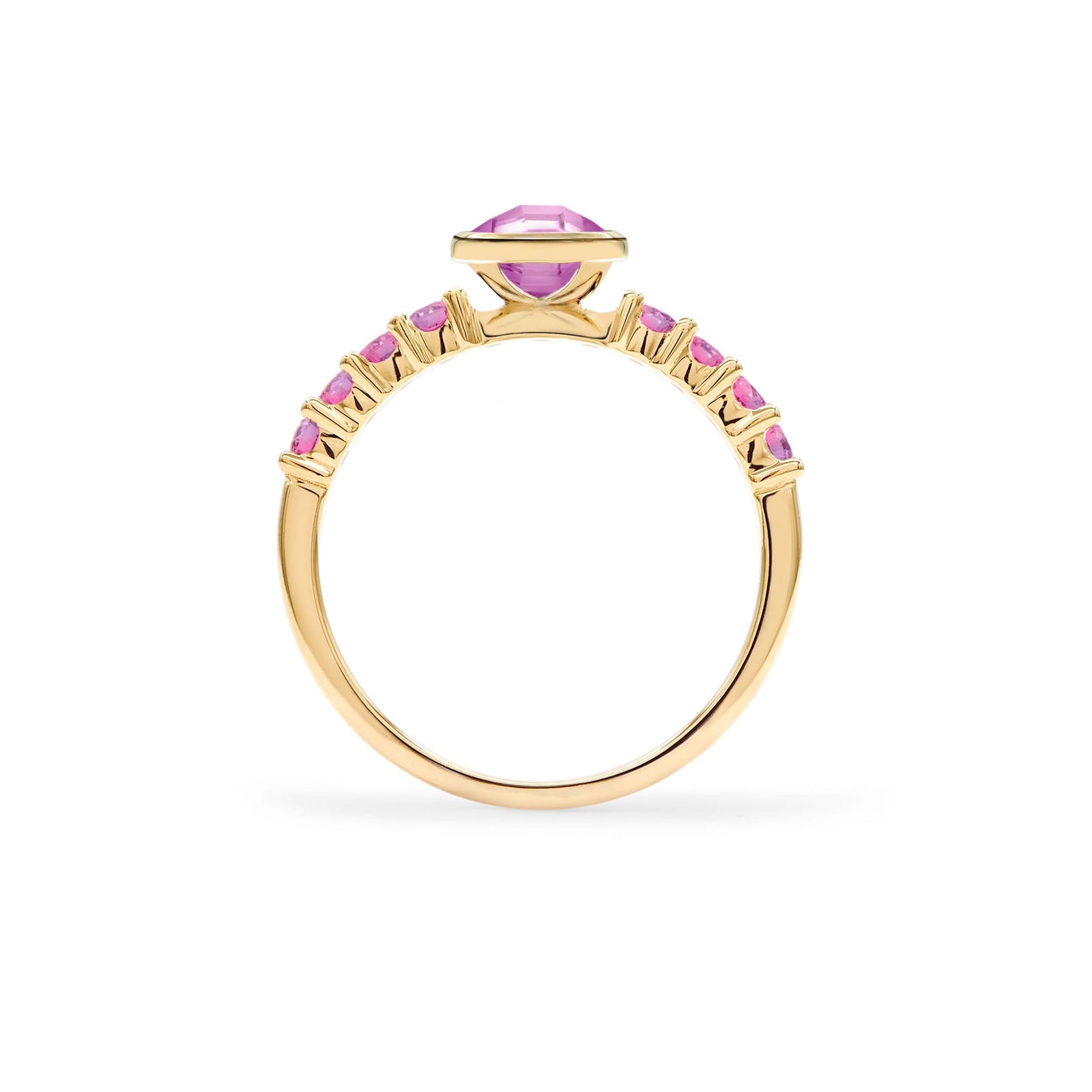 Rosecliff Grand Ring in a 14k gold, featuring a 6 mm round, briolette-cut Pink Sapphire and eight 2 mm round-cut gemstones - standing view.