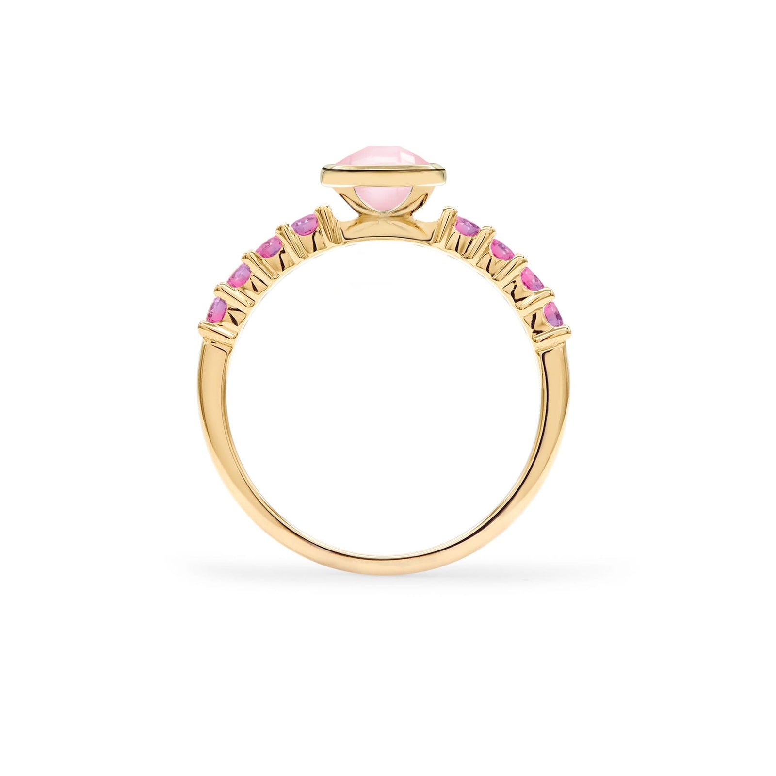 Rosecliff Grand Ring in a 14k gold, featuring a 6 mm round, briolette-cut Opal and eight 2 mm round-cut gemstones - standing view.