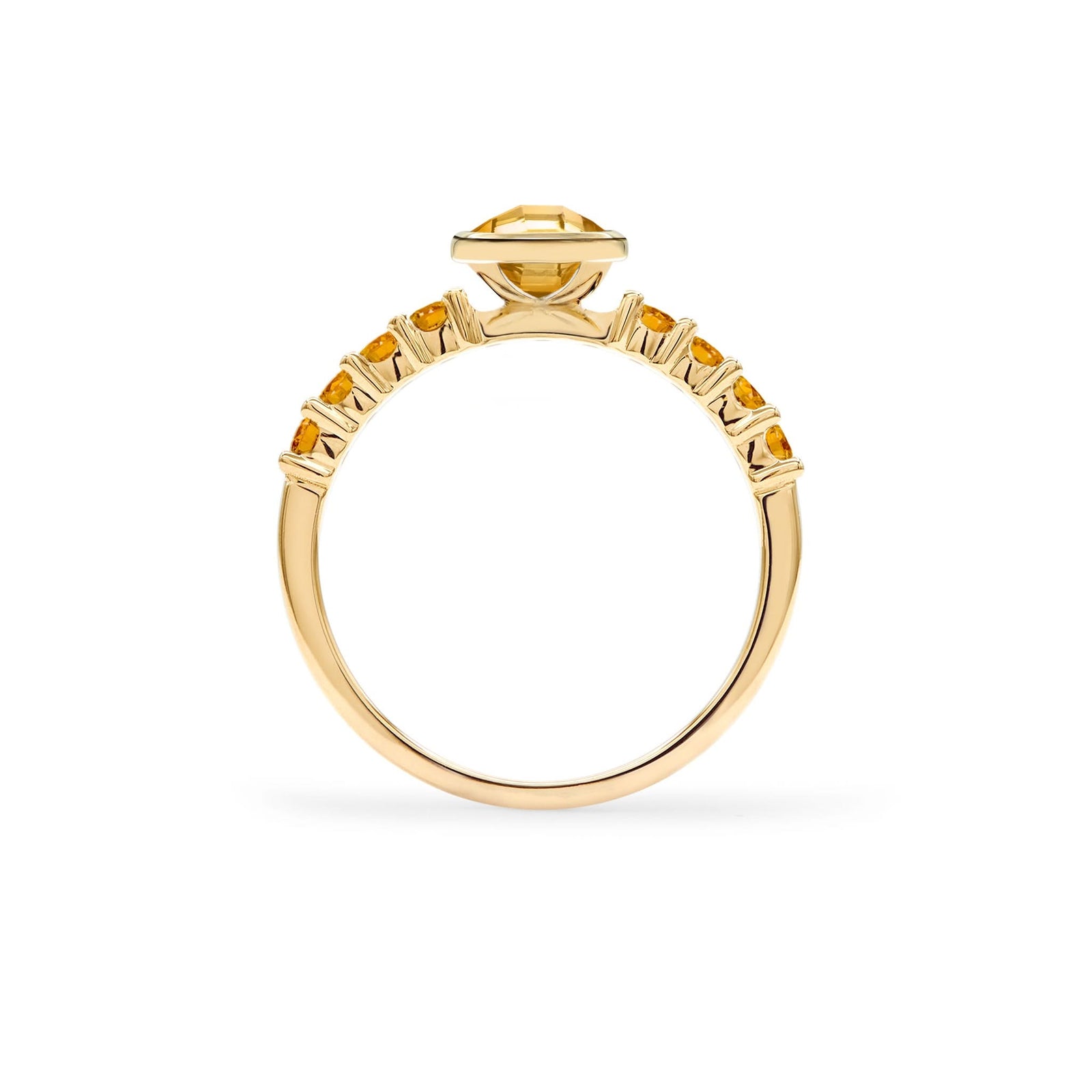 Rosecliff Grand Ring in a 14k gold, featuring a 6 mm round, briolette-cut Citrine and eight 2 mm round-cut gemstones - standing view.