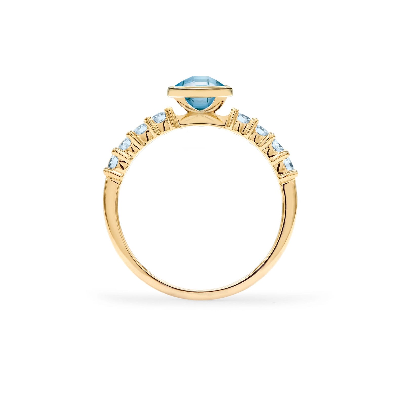 Rosecliff Grand Ring in a 14k gold, featuring a 6 mm round, briolette-cut Blue Topaz and eight 2 mm round-cut gemstones - standing view.