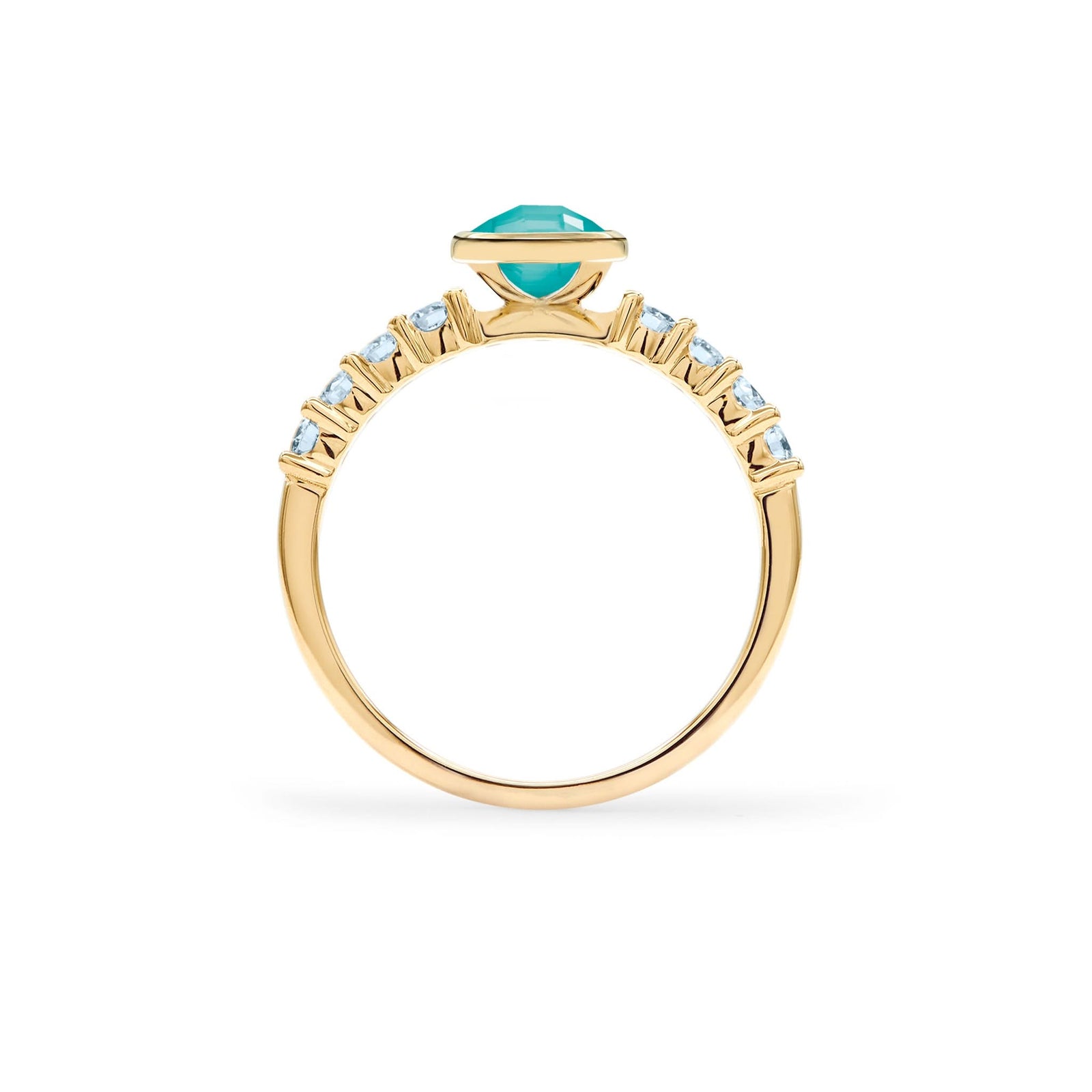Rosecliff Grand Ring in a 14k gold, featuring a 6 mm round, briolette-cut Turquoise and eight 2 mm round-cut gemstones - standing view.